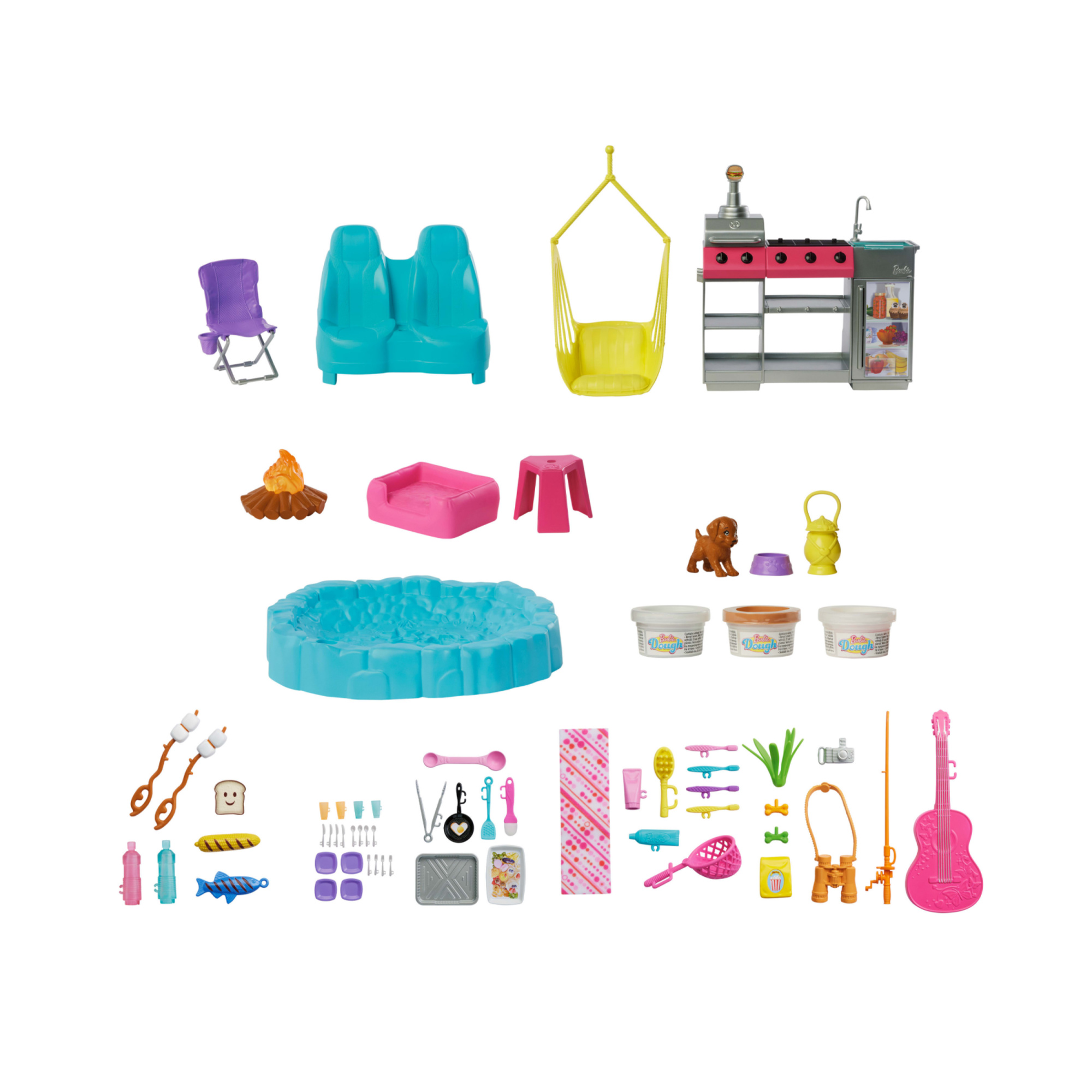 Barbie - camper dei sogni, veicolo con oltre 60 accessori e pasta modellabile, effetto cambia colore, include tenda sul tetto e altalena - Barbie