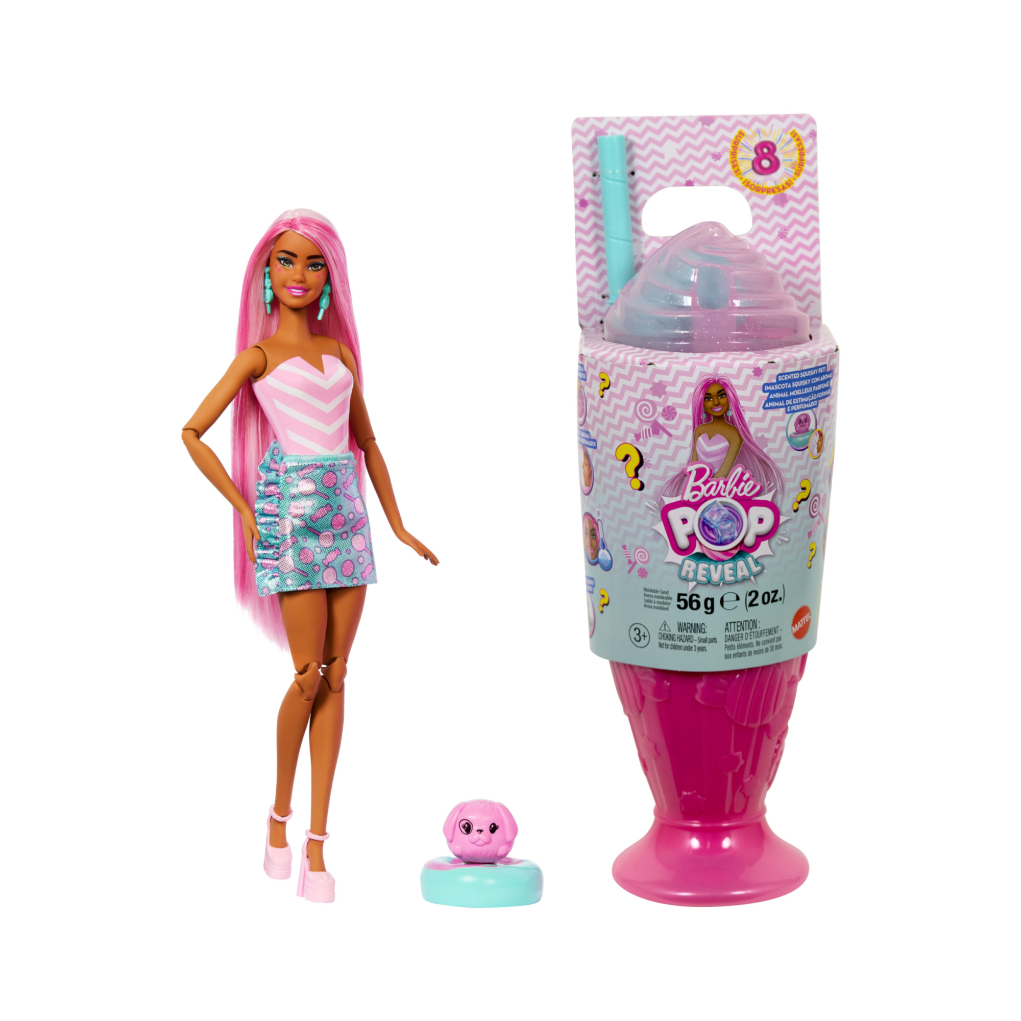Barbie - pop reveal serie dolci sorprese assortito, bambola barbie profumata con cucciolo e 8 sorprese con effetto cambia colore - Barbie