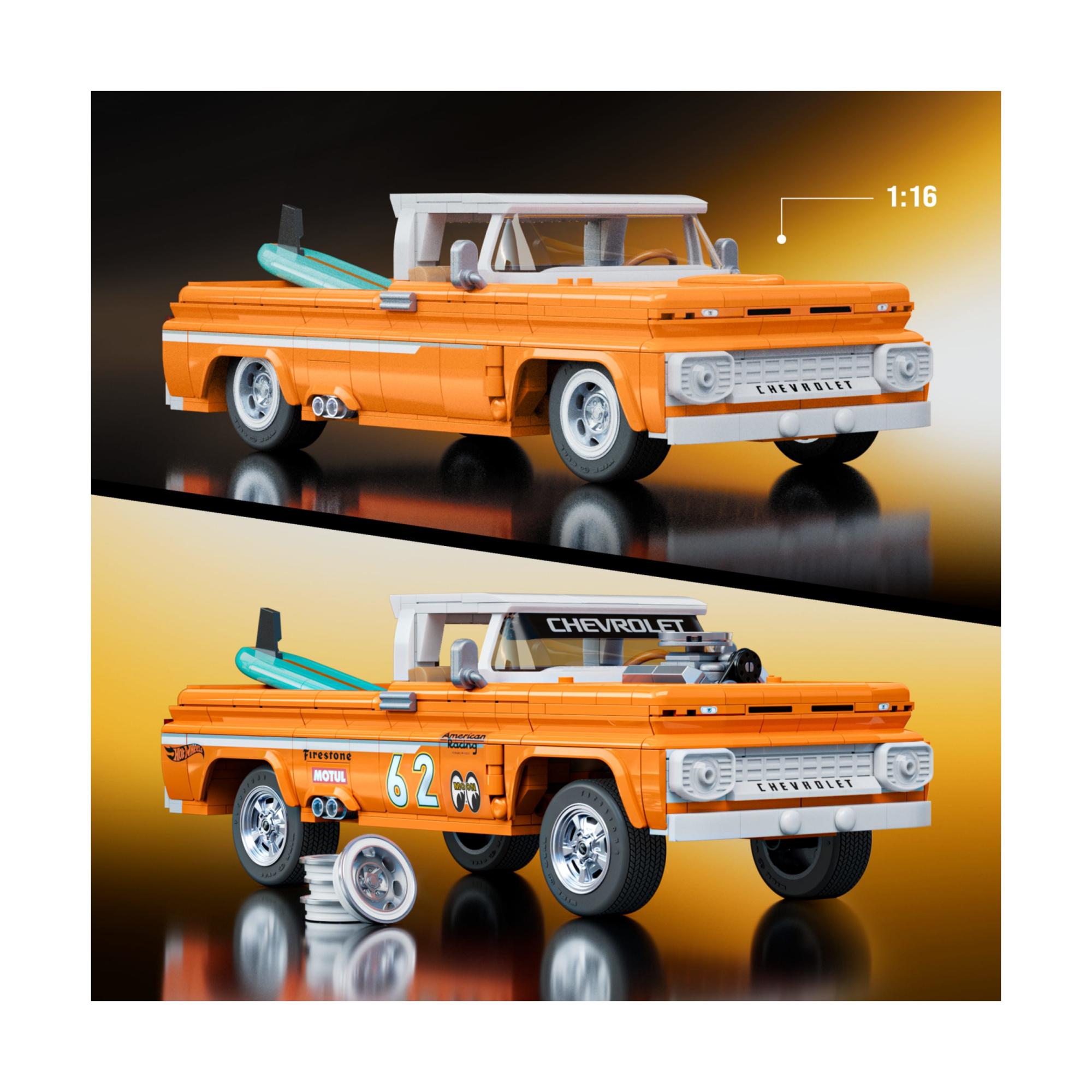 ​​mattel brick shop hot wheels - custom ’62 chevy pickup serie elite, set da costruire con 858 pezzi, dettagli realistici e adesivi - BRICK SHOP, Hot Wheels
