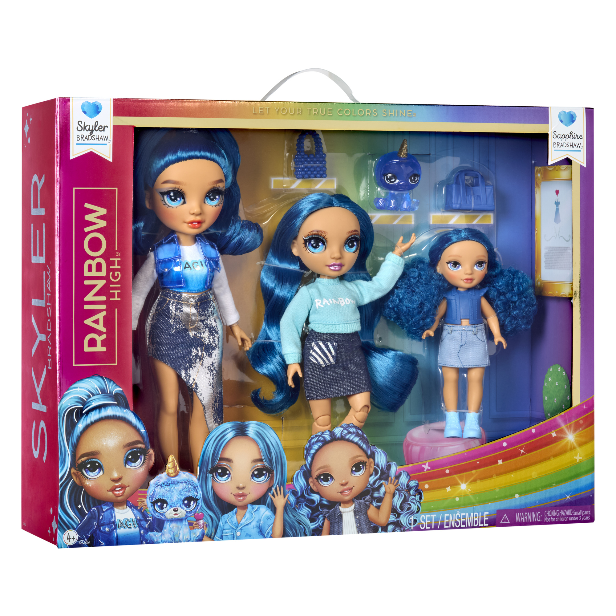 Rainbow high family skyler, confezione con 3 bambole snodabili in signature blue 28, 22 e 14 cm, borse bonus e animaletto magico - Rainbow High