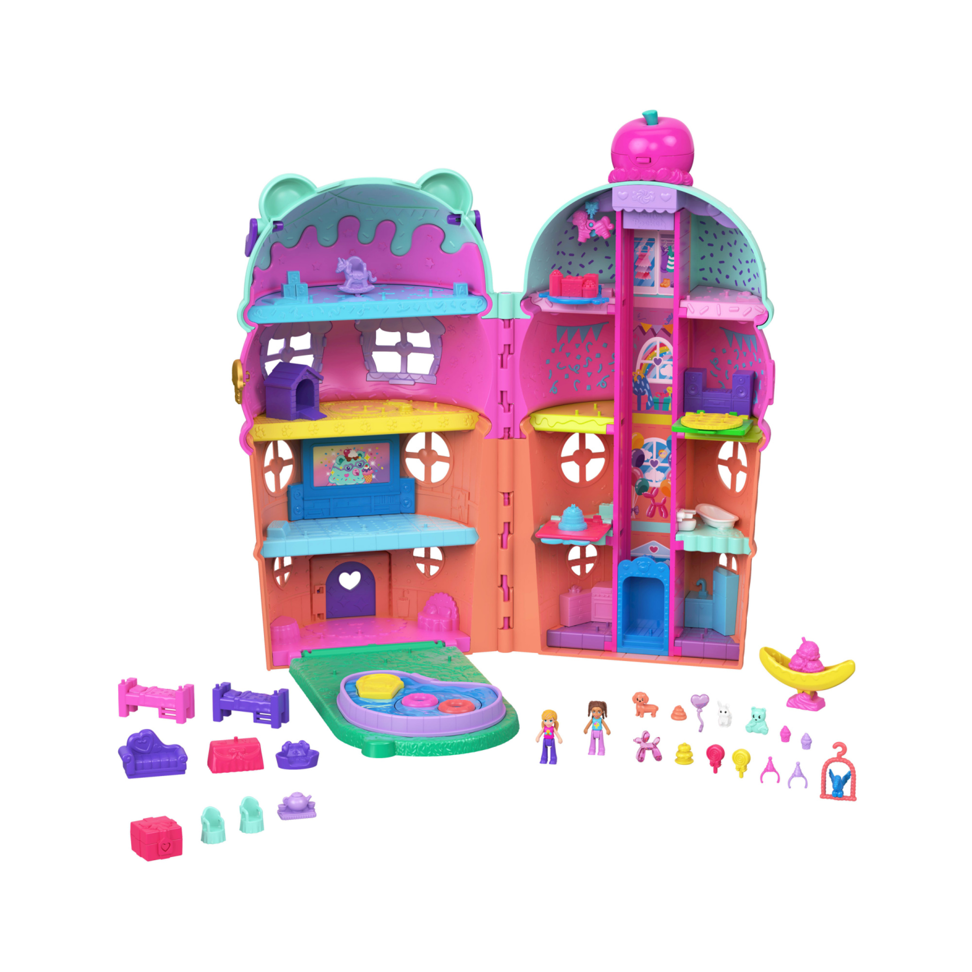 Polly pocket - la casa del gelato, set cono gelato a tema orso con 2 mini bambole, 4 piani e 25 accessori inclusi - Polly Pocket