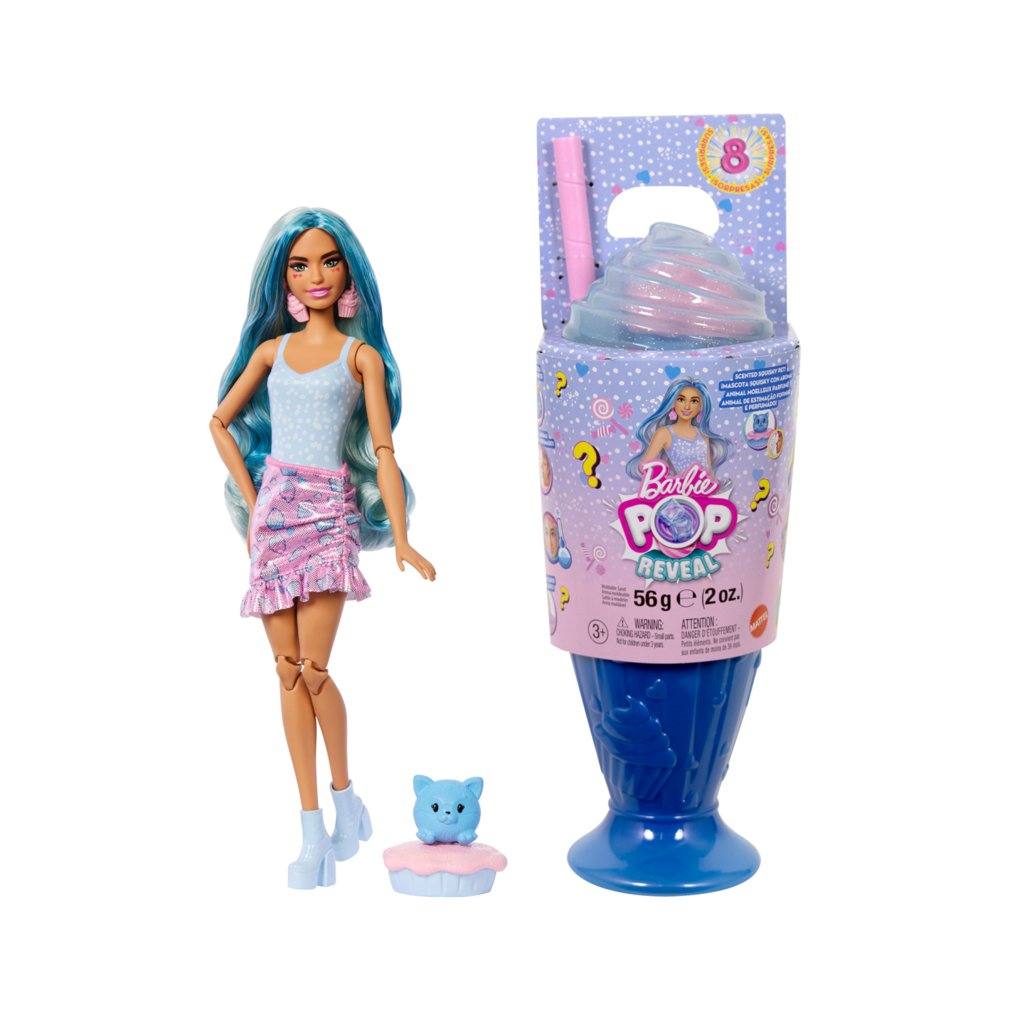 Barbie - pop reveal serie dolci sorprese assortito, bambola barbie profumata con cucciolo e 8 sorprese con effetto cambia colore - Barbie
