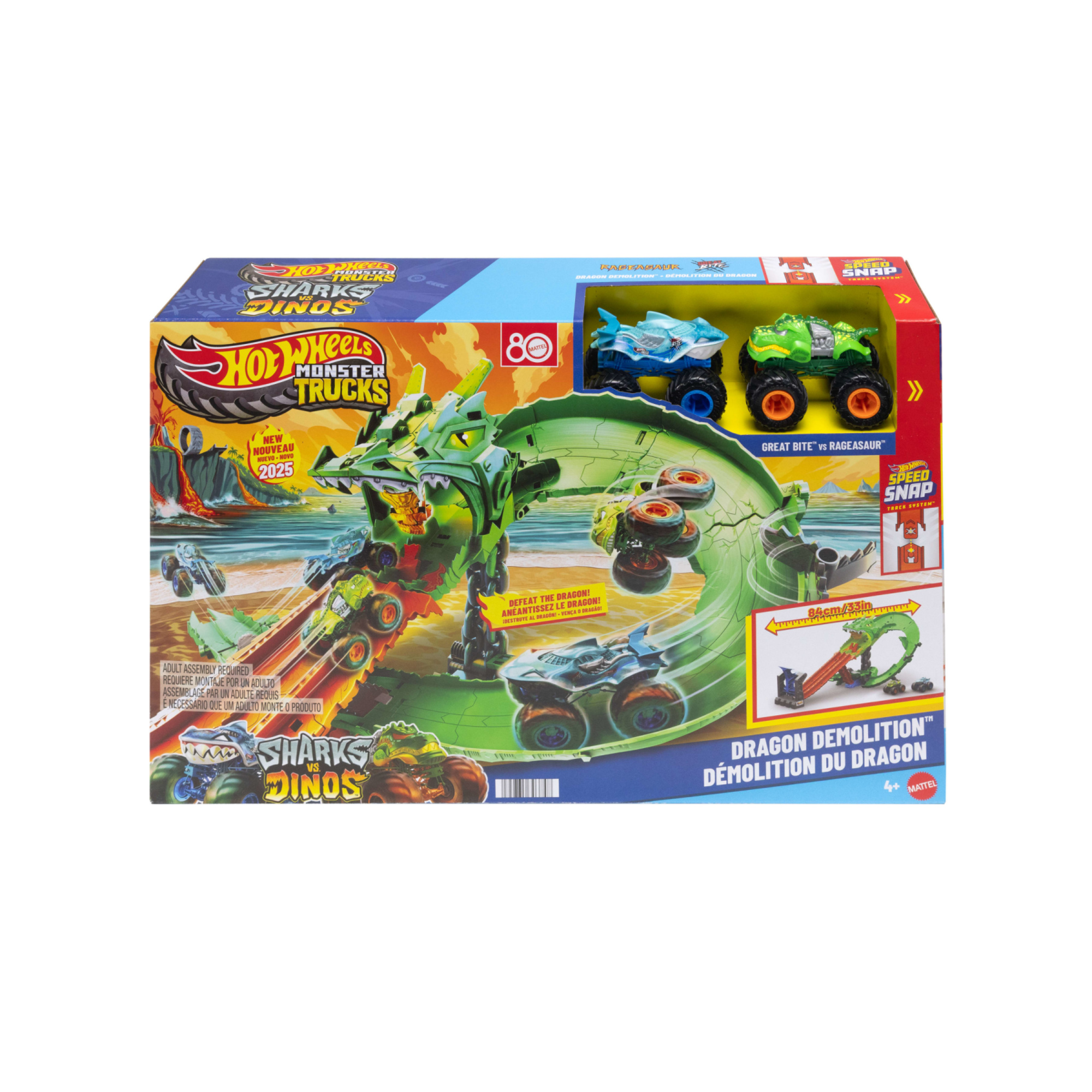 Hot wheels monster trucks - demolizione del drago, pista con deviatore e drago cyborg da sconfiggere, due veicoli inclusi - Hot Wheels