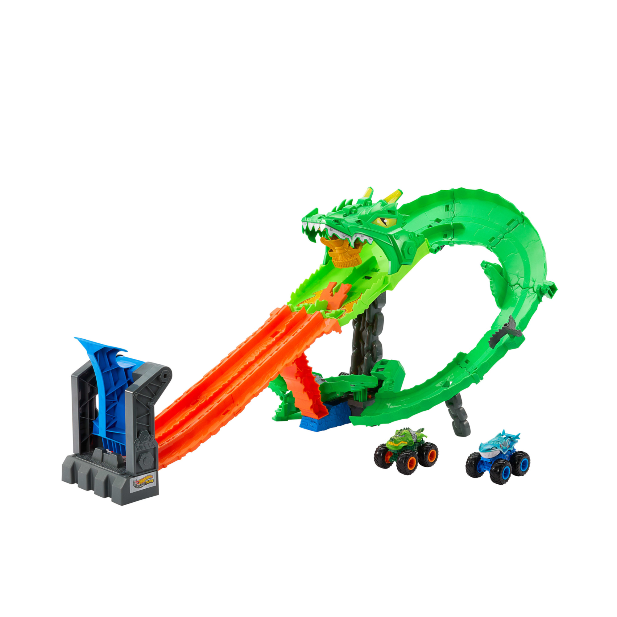 Hot wheels monster trucks - demolizione del drago, pista con deviatore e drago cyborg da sconfiggere, due veicoli inclusi - Hot Wheels