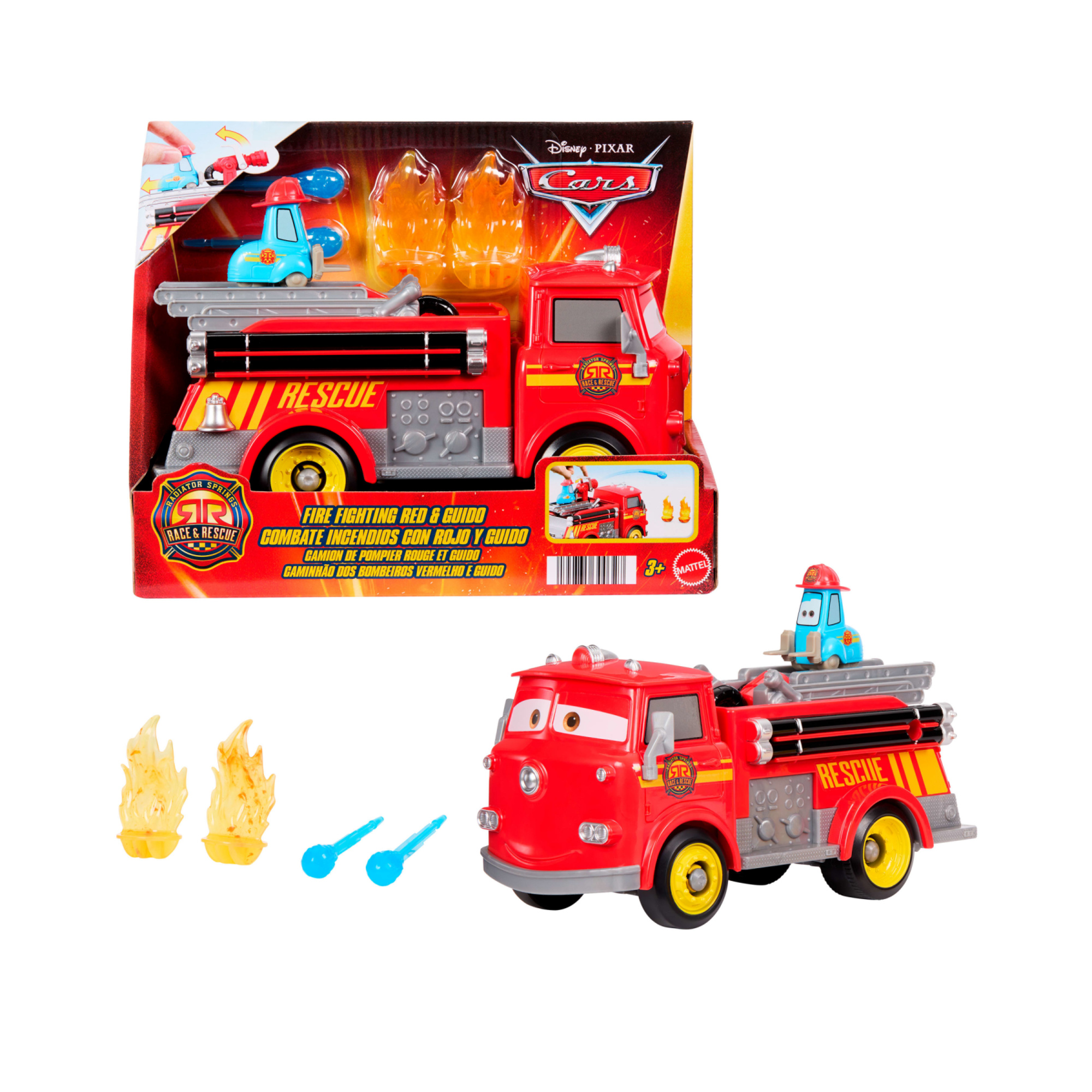 Mattel cars - sfreccia e soccorri red e guido pompieri, set con camion dei pompieri, 2 bersagli a forma di fiamma e 2 proiettili ad acqua - Cars