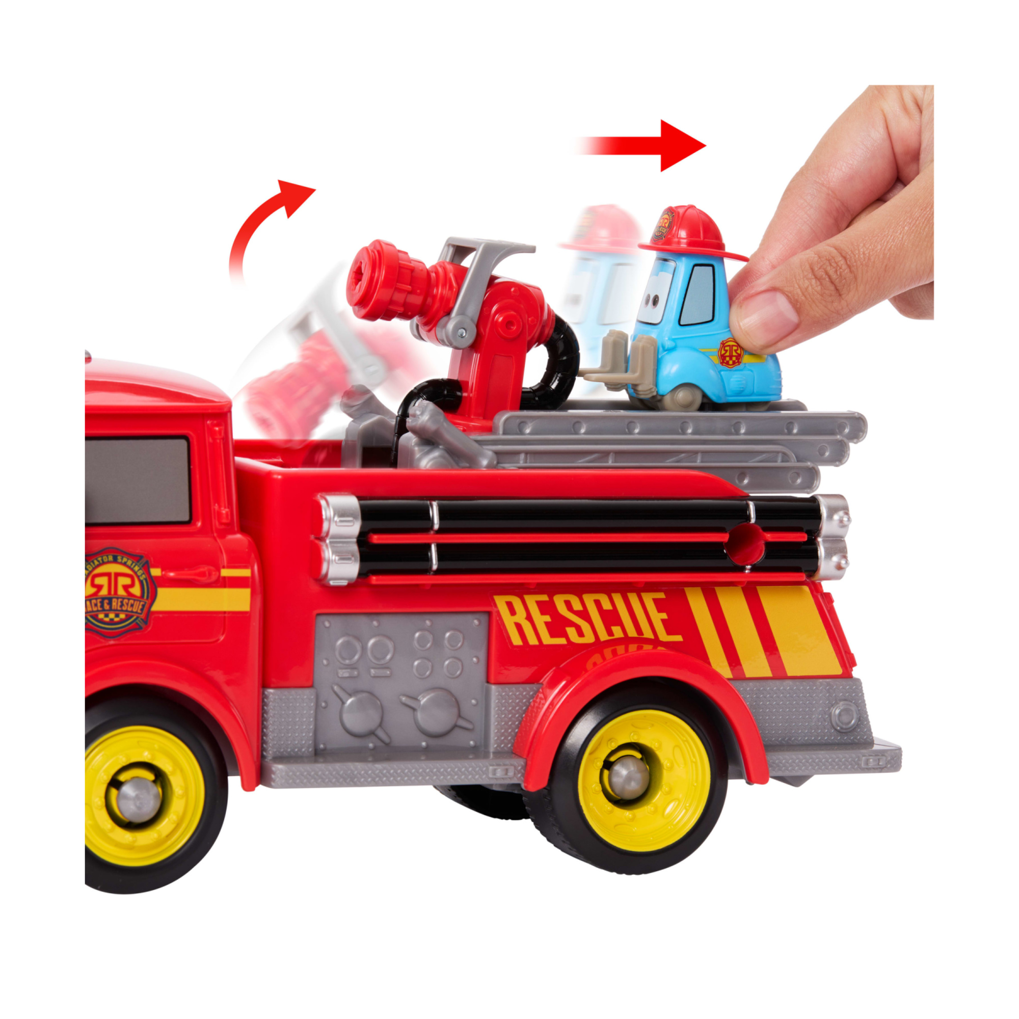 Mattel cars - sfreccia e soccorri red e guido pompieri, set con camion dei pompieri, 2 bersagli a forma di fiamma e 2 proiettili ad acqua - Cars