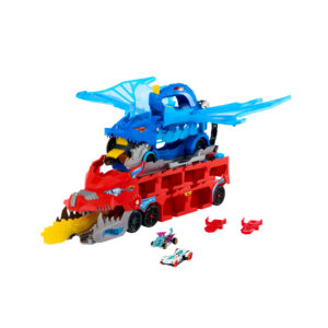 Hot wheels - drago trasportatore, veicolo trasformabile di grandi dimensioni con drago rimovibile e 2 macchinine incluse - Hot Wheels