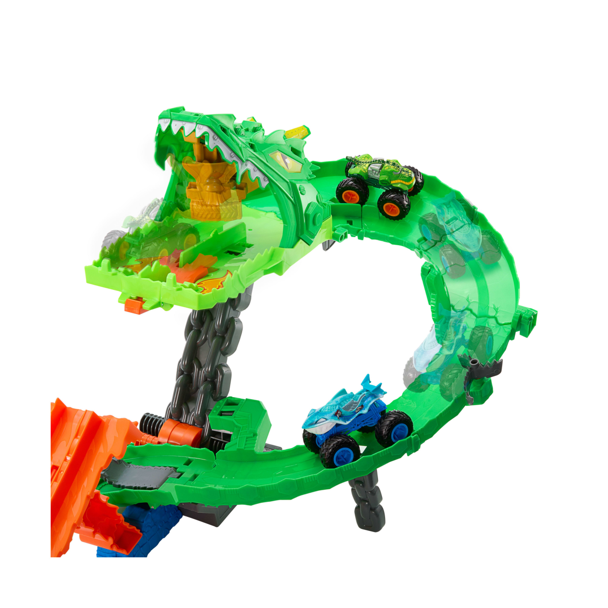 Hot wheels monster trucks - demolizione del drago, pista con deviatore e drago cyborg da sconfiggere, due veicoli inclusi - Hot Wheels