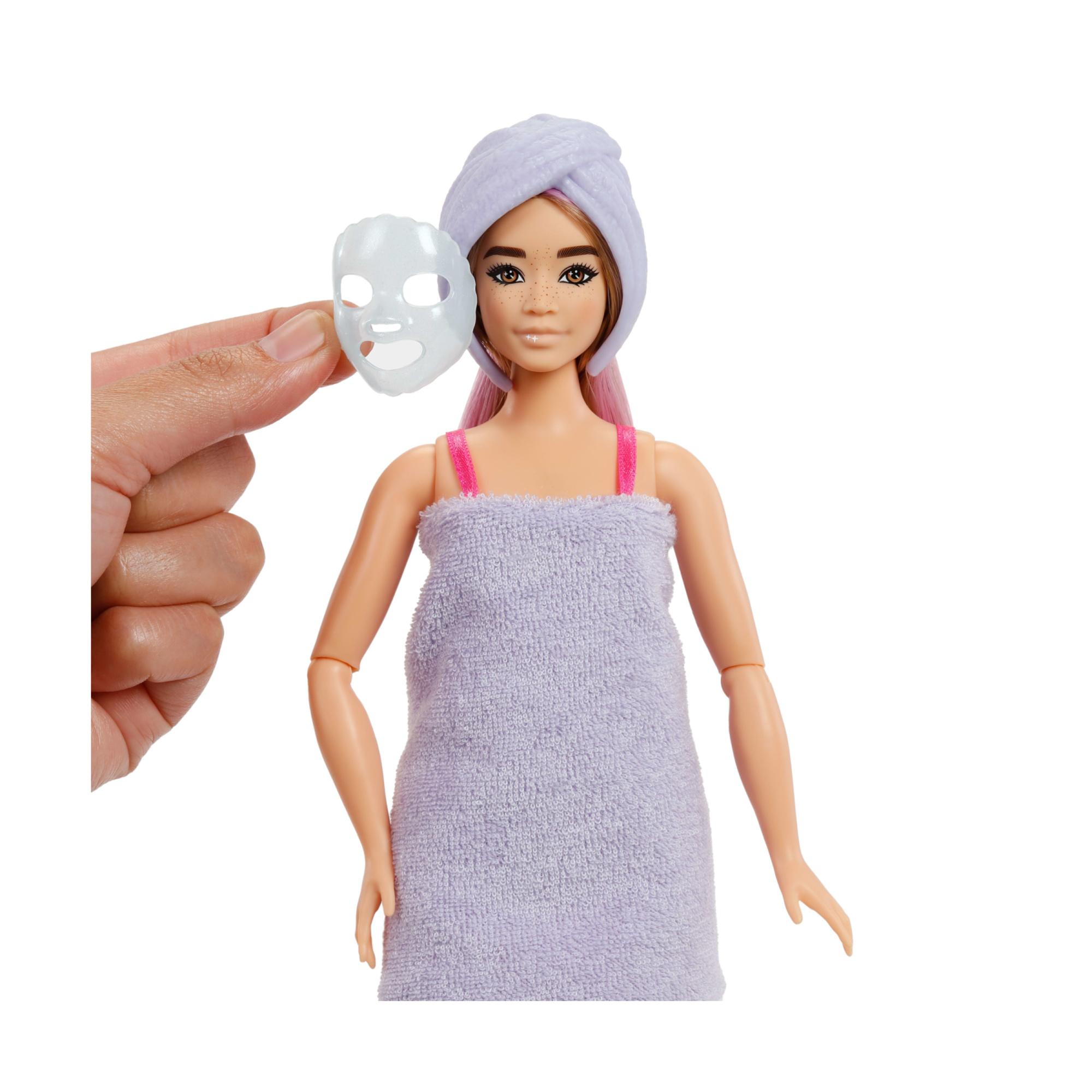 Barbie - party surprise make-up party vestito lilla, bambola con 10 accessori a sorpresa ed effetto cambia colore - Barbie