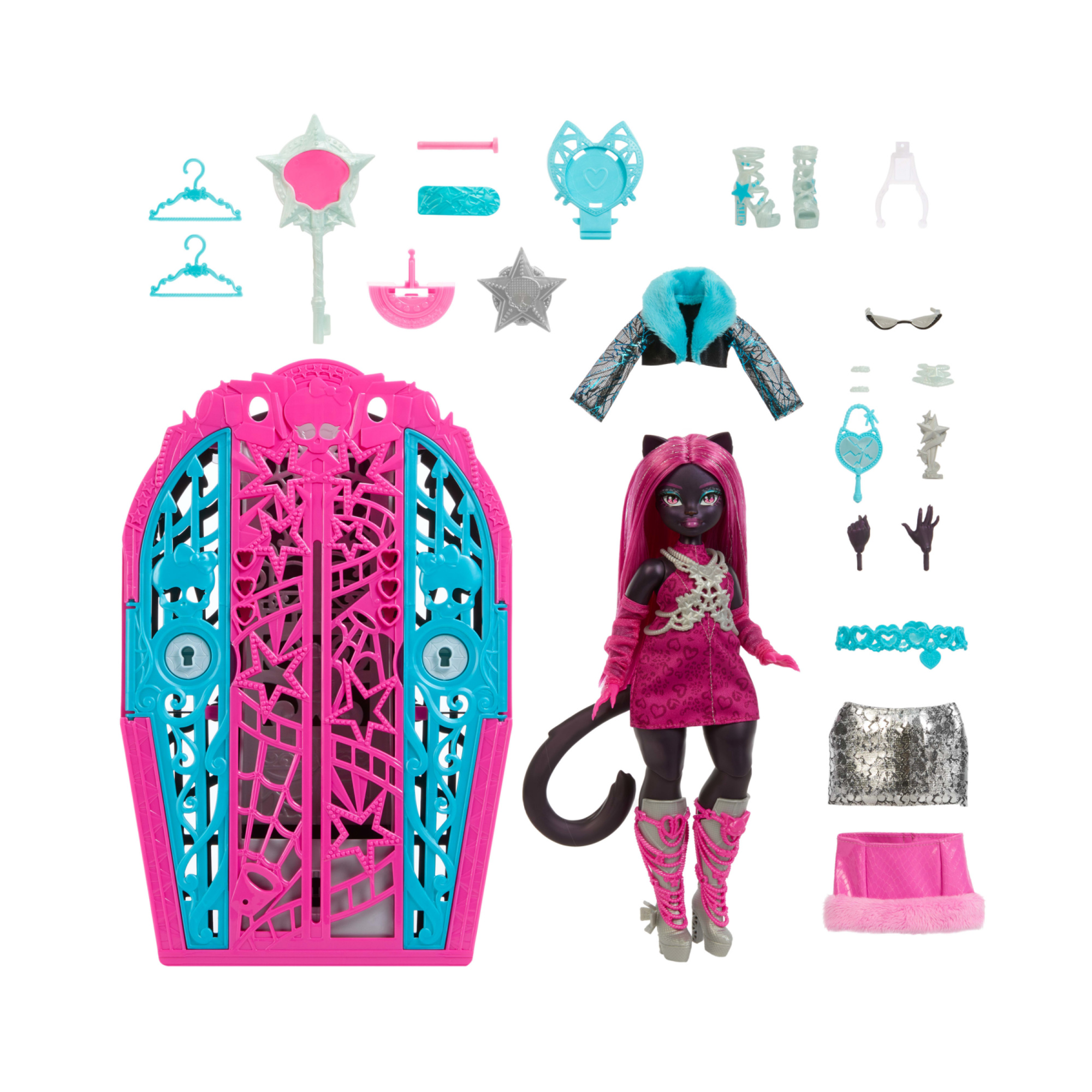Monster high - catty noir i misteri di hauntlywood, bambola con abiti, guardaroba e 19 accessori glamour a sorpresa - Monster High