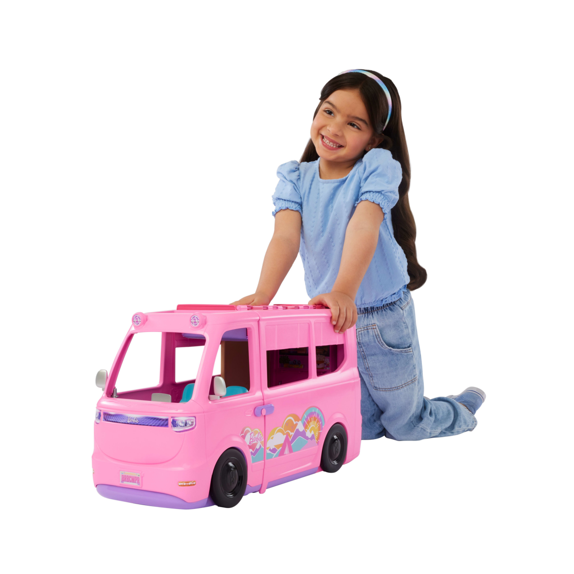 Barbie - camper dei sogni, veicolo con oltre 60 accessori e pasta modellabile, effetto cambia colore, include tenda sul tetto e altalena - Barbie