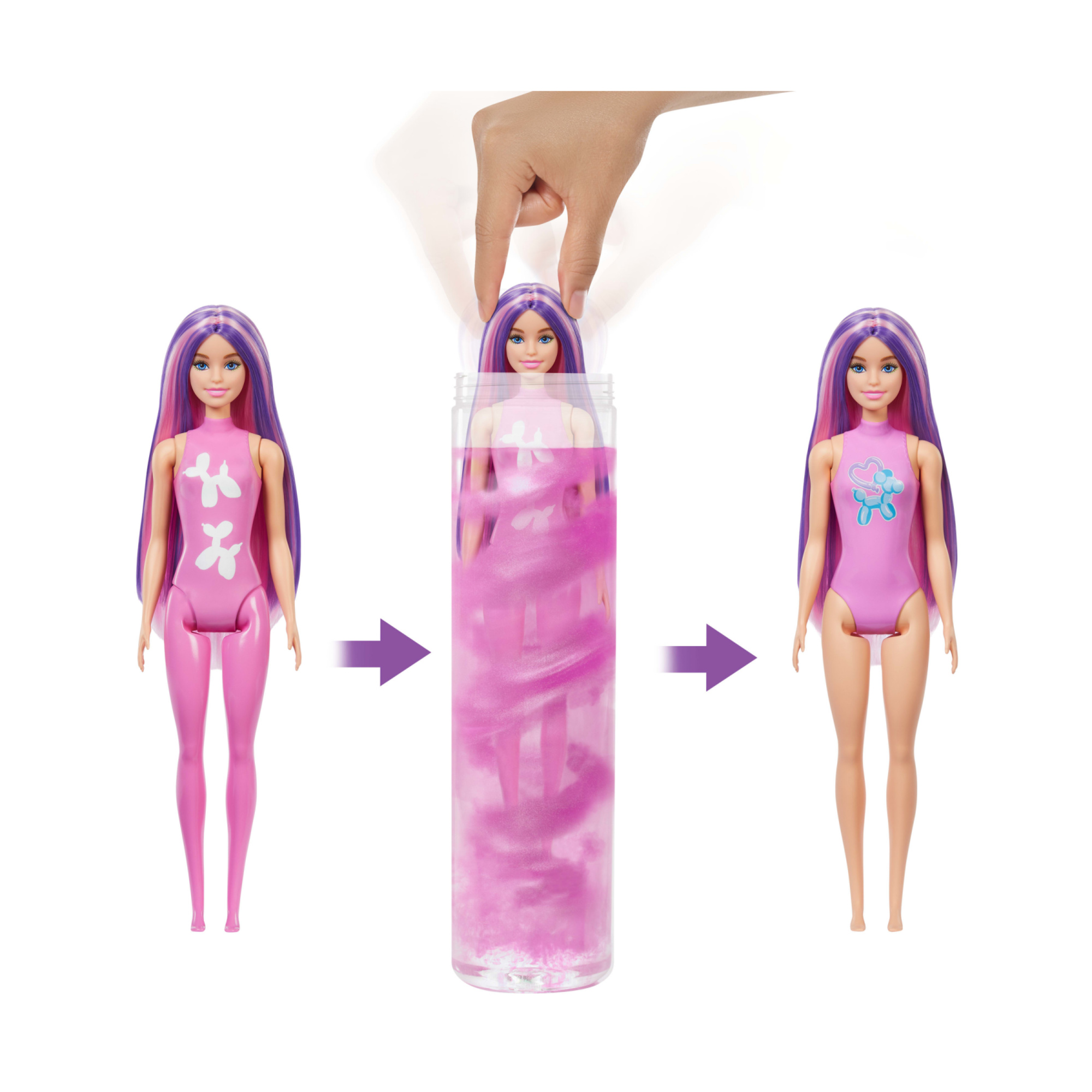 Barbie - color reveal assortita serie festa di compleanno, bambola effetto cambia colore con 6 accessori a sopresa e un mini palloncino - Barbie