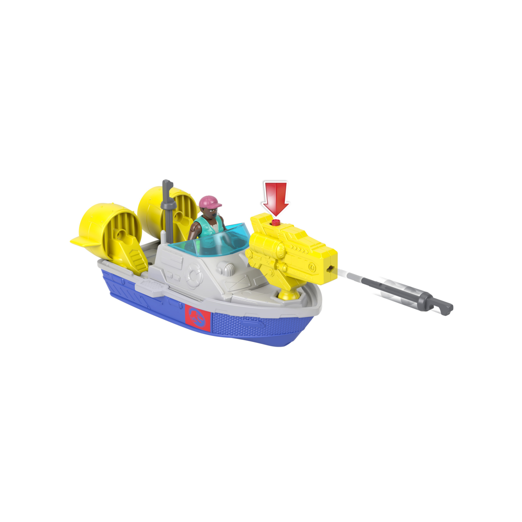 Imaginext jurassic world la rinascita - mosasauro acquatico, dinosauro e personaggio dal film, barca con lanciatore e proiettili - IMAGINEXT