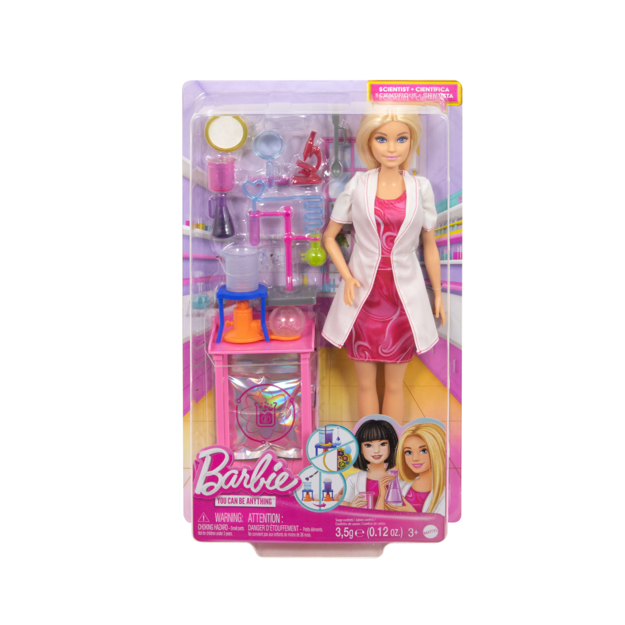 Barbie carriere - scienziata, set bambola bionda con camice bianco da laboratorio e accessori inclusi - Barbie