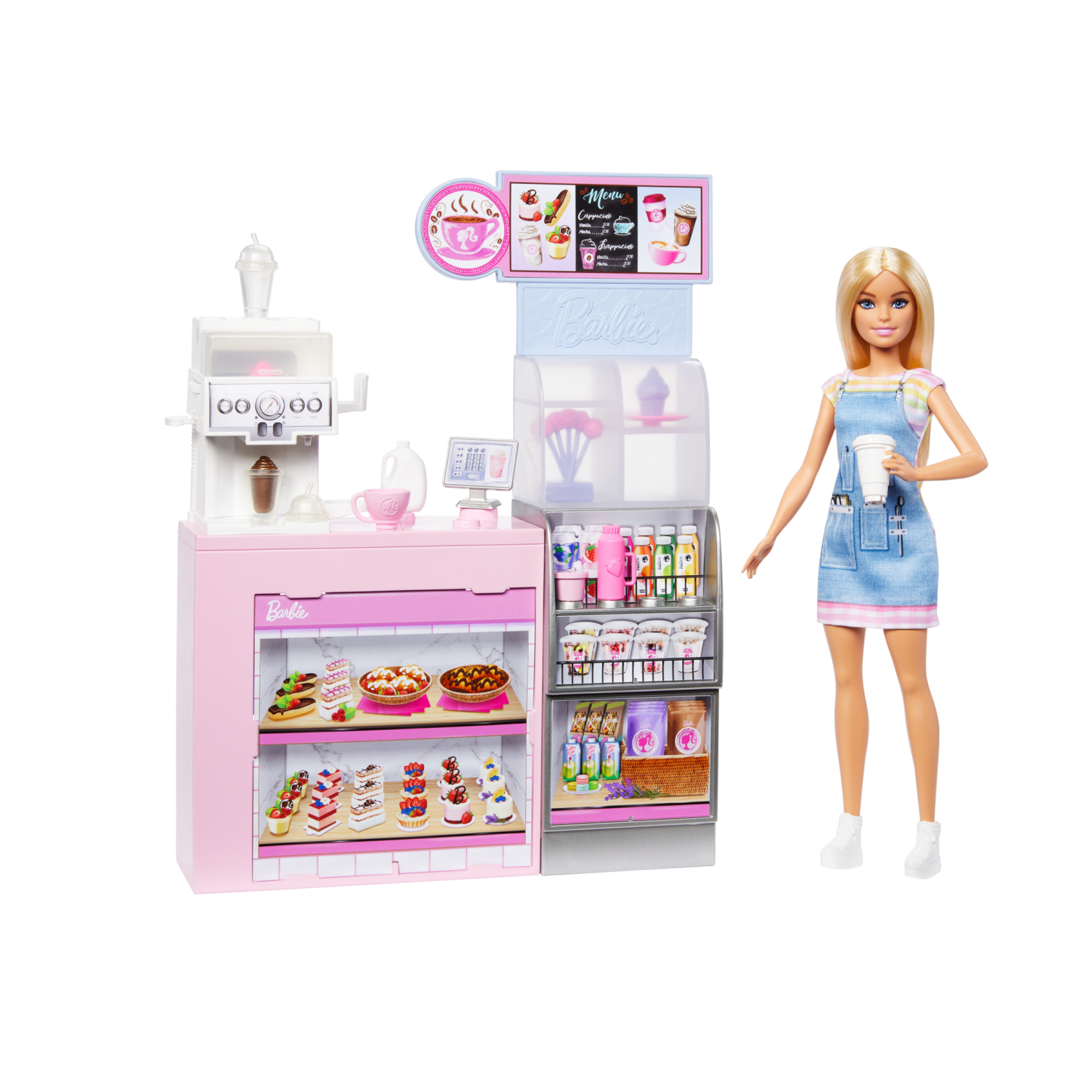 Barbie - caffetteria, playset con bambola barista bionda e 12+ accessori a tema inclusi, tra cui macchina per caffè e frullati - Barbie