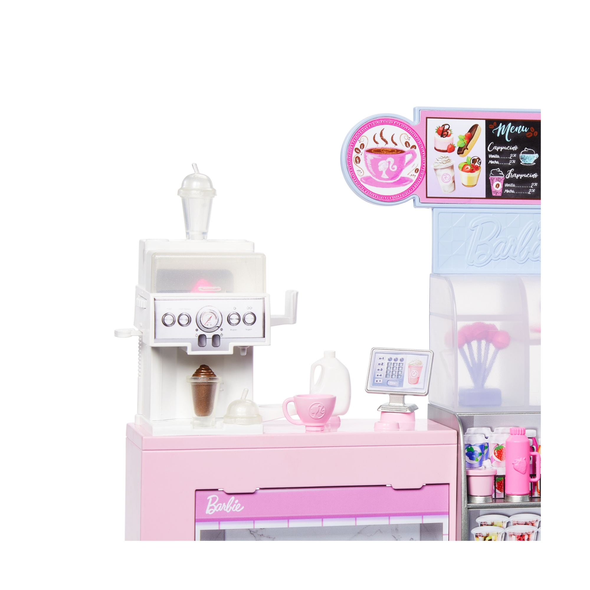 Barbie - caffetteria, playset con bambola barista bionda e 12+ accessori a tema inclusi, tra cui macchina per caffè e frullati - Barbie