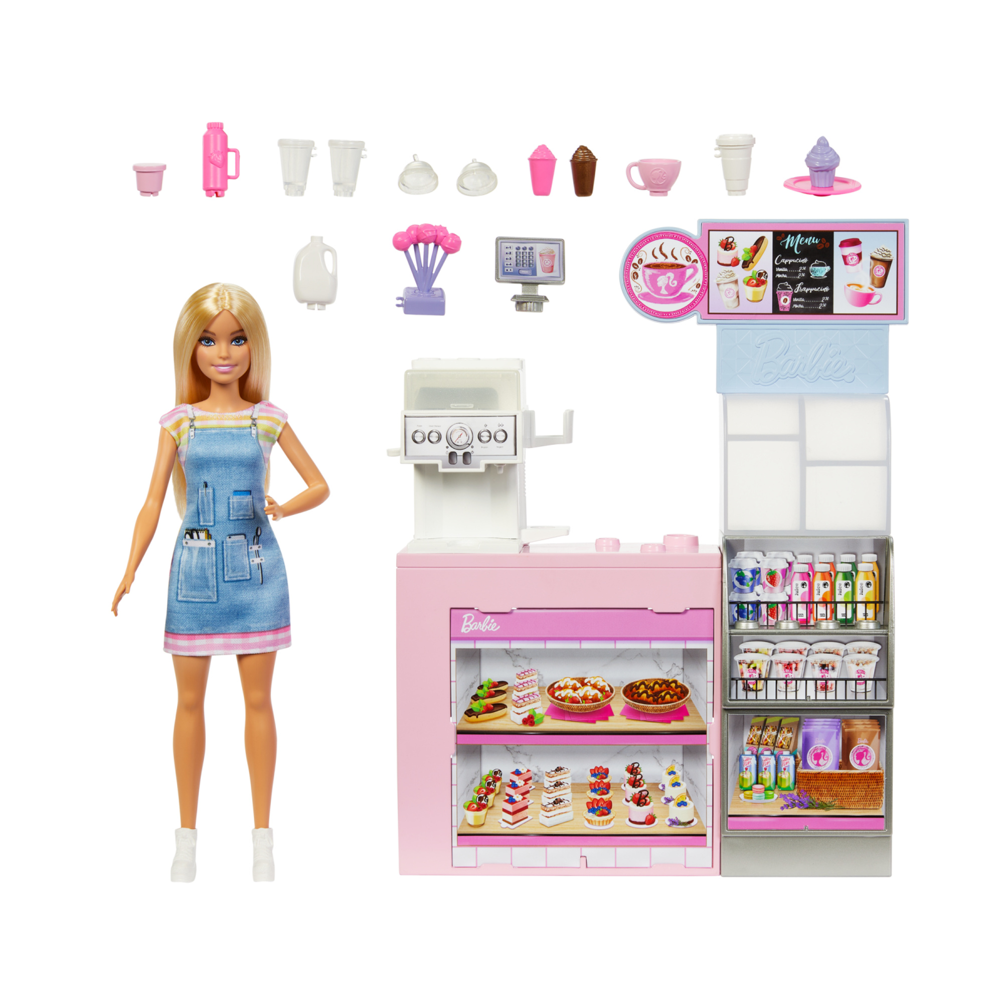 Barbie - caffetteria, playset con bambola barista bionda e 12+ accessori a tema inclusi, tra cui macchina per caffè e frullati - Barbie