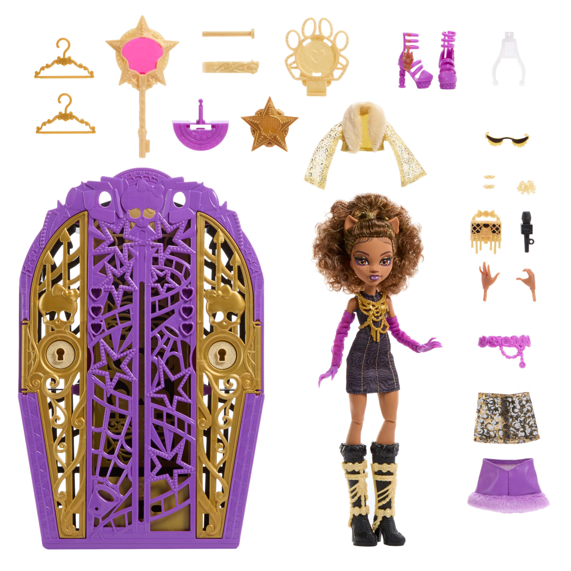 Monster high - clawdeen wolf i misteri di hauntlywood, bambola con abiti, guardaroba e 19 accessori glamour a sorpresa - Monster High
