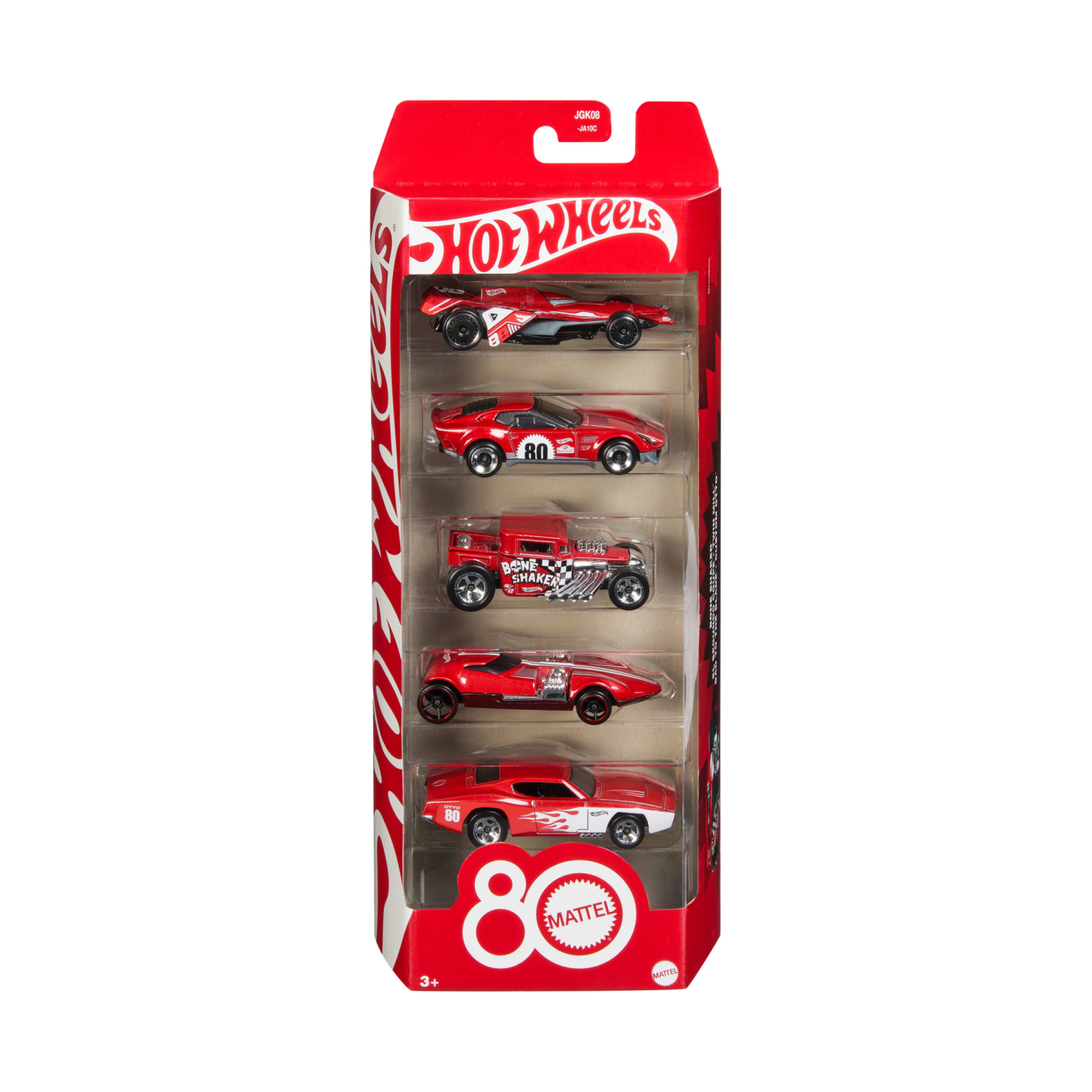 Hot wheels - set 5 veicoli core mattel per l'80° anniversario, macchinine con decorazioni e confezione da collezione - Hot Wheels