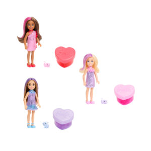 Barbie - chelsea party surprise assortita make-up party, set con bambola e un cucciolo, 6 sorpese con effetto cambia colore - Barbie