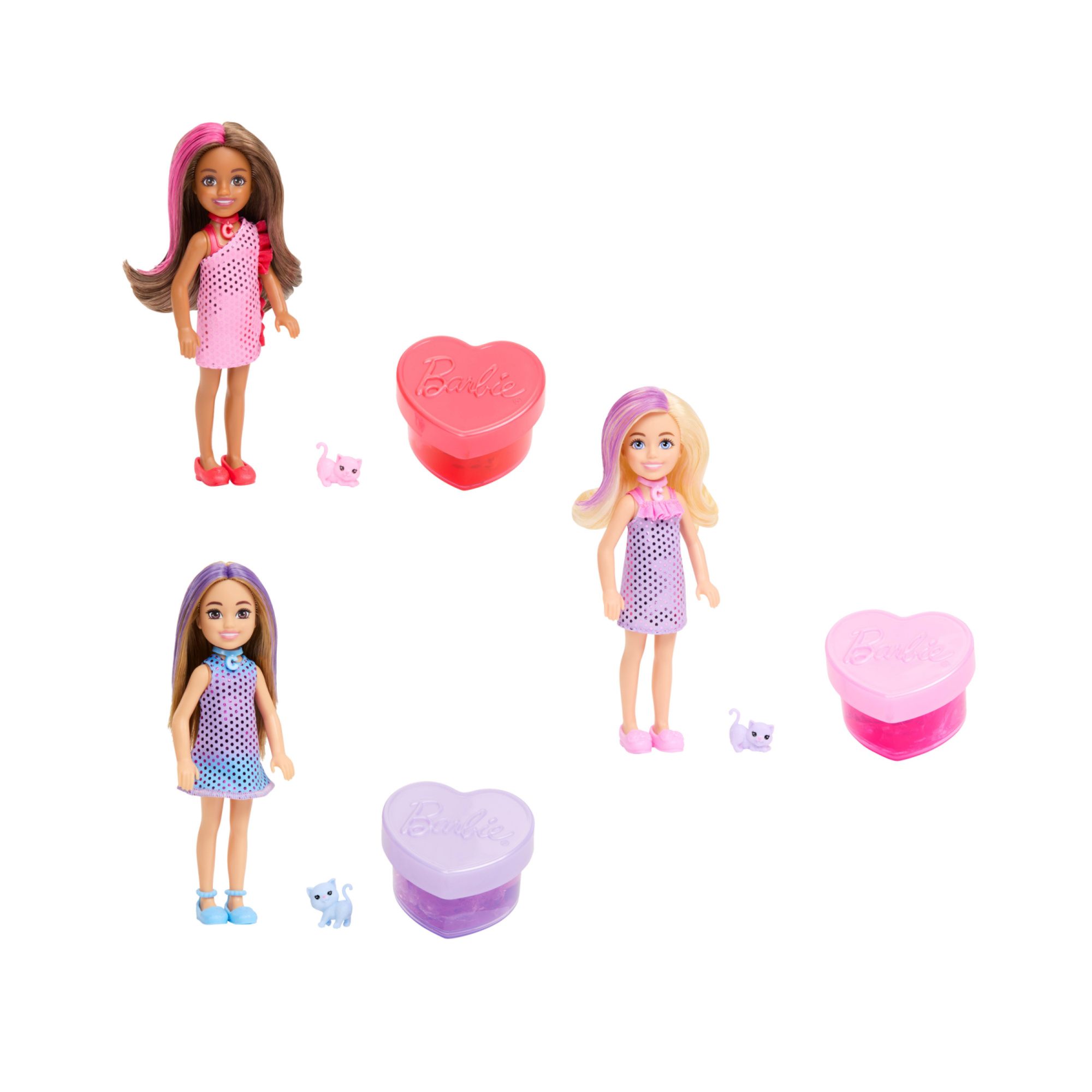 Barbie - chelsea party surprise assortita make-up party, set con bambola e un cucciolo, 6 sorpese con effetto cambia colore - Barbie