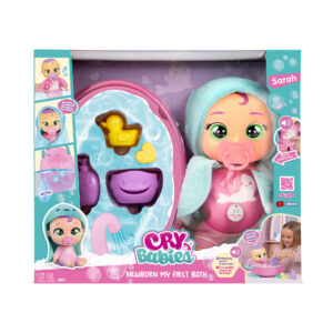 Cry babies sarah il mio primo bagnetto: neonata con asciugamano blu e 6 accessori, suoni e lacrime vere - 18+ mesi - CRY BABIES