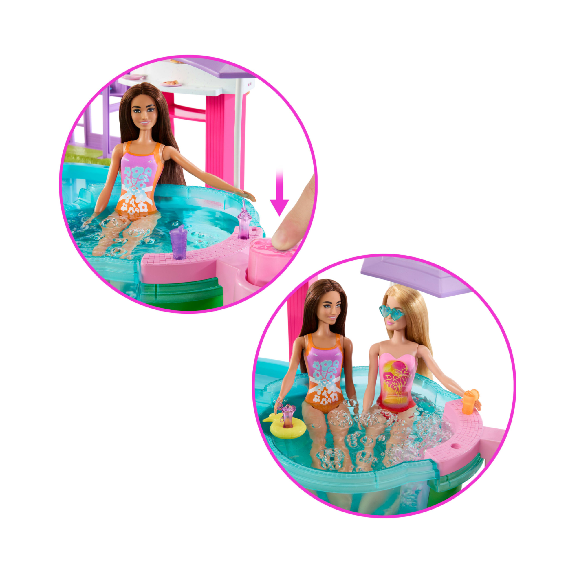 Barbie - piscina dei sogni, set con 6 aree di gioco tra cui scivolo e idromassaggio, cuccioli, galleggianti e 20 accessori - Barbie