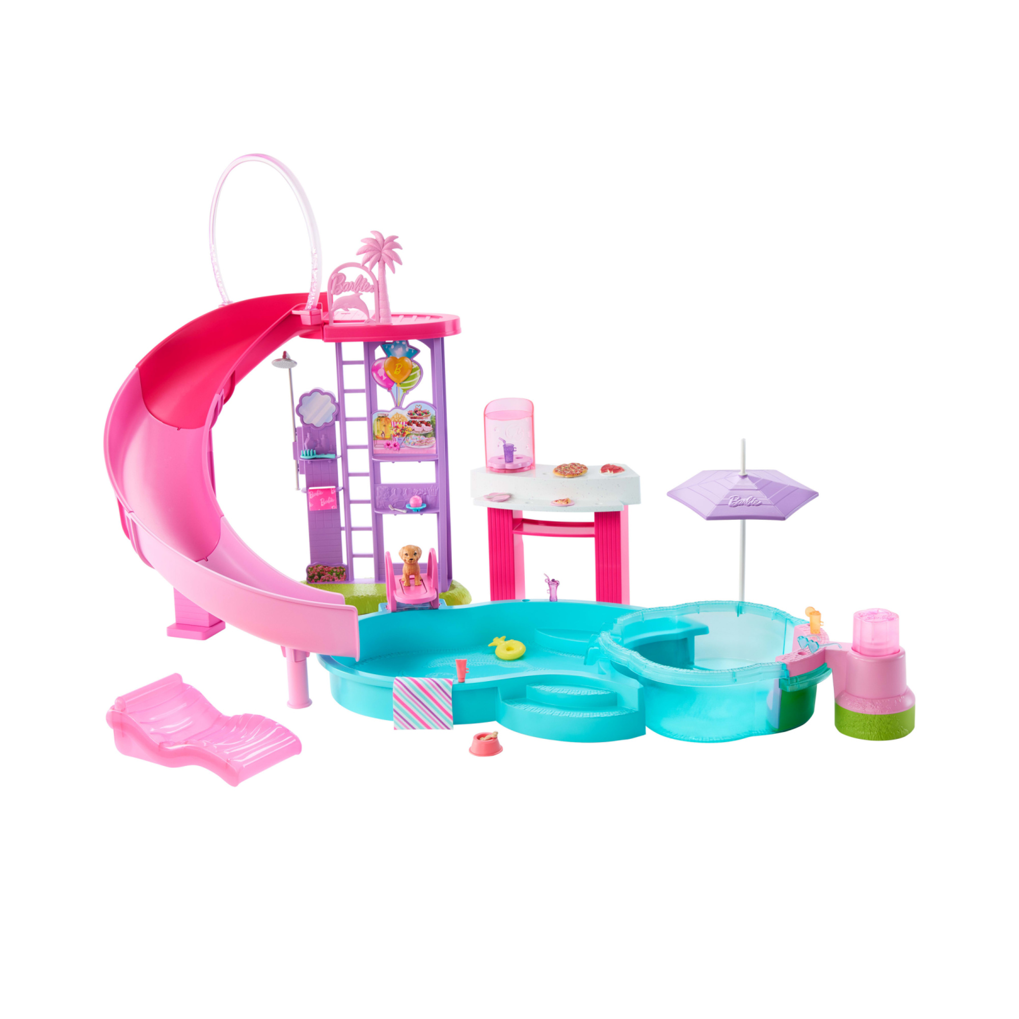Barbie - piscina dei sogni, set con 6 aree di gioco tra cui scivolo e idromassaggio, cuccioli, galleggianti e 20 accessori - Barbie