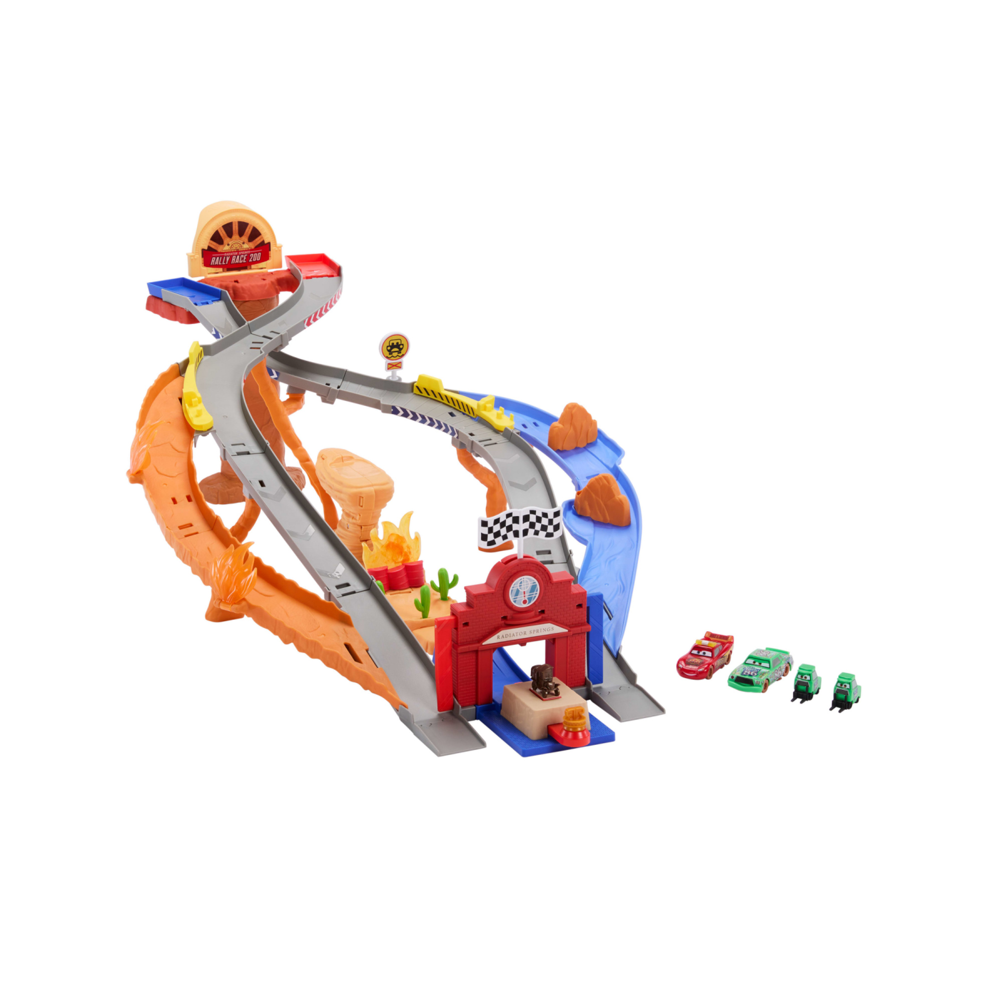 Mattel cars - sfreccia e soccorri circuito per soccorso stradale, set con 2 tipi di gara, saetta mcqueen, chicks hicks e 2 veicoli inclusi - Cars