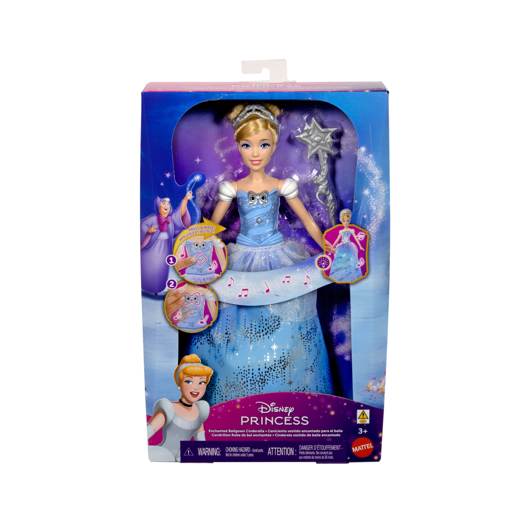 Mattel disney princess - cenerentola ballo incantato, bambola ispirata al film con abito che si illumina e bacchetta magica con suoni - DISNEY PRINCESS
