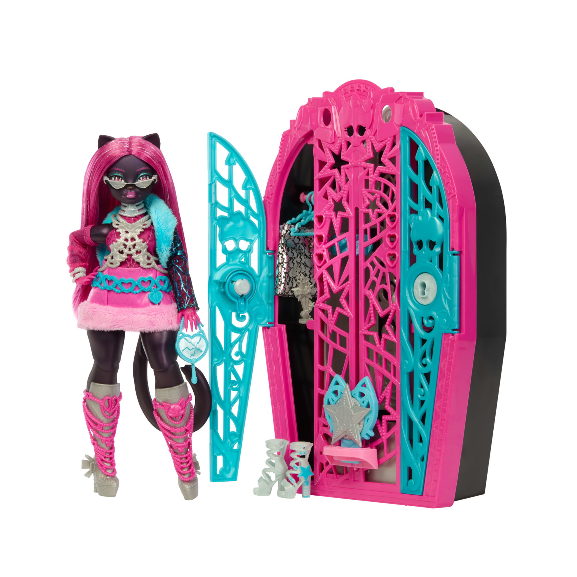 Monster high - catty noir i misteri di hauntlywood, bambola con abiti, guardaroba e 19 accessori glamour a sorpresa - Monster High