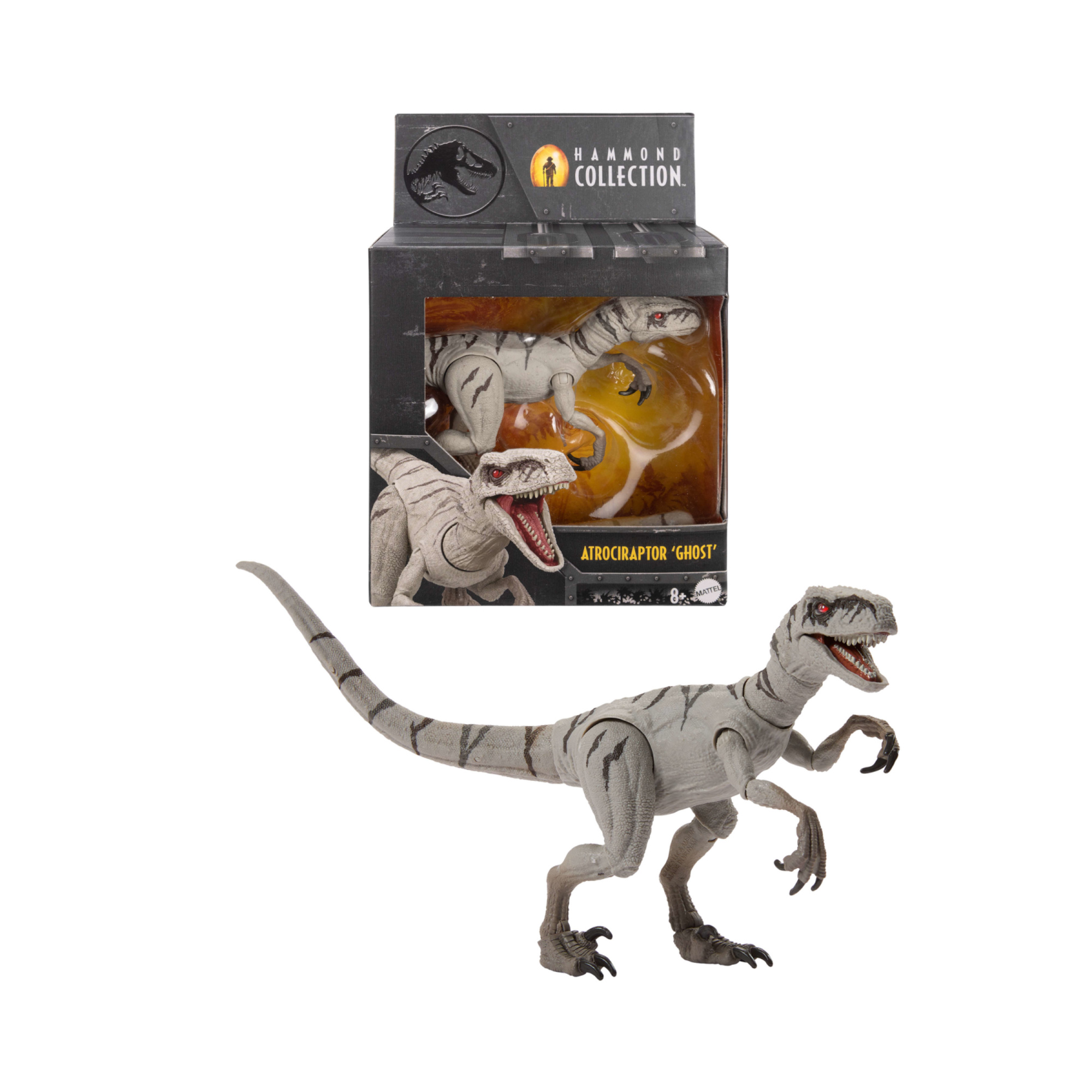 Mattel jurassic world hammond collection - ghost l'atrociraptor, dinosauro articolato con occhi in vetro e design ispirato al film - Jurassic World