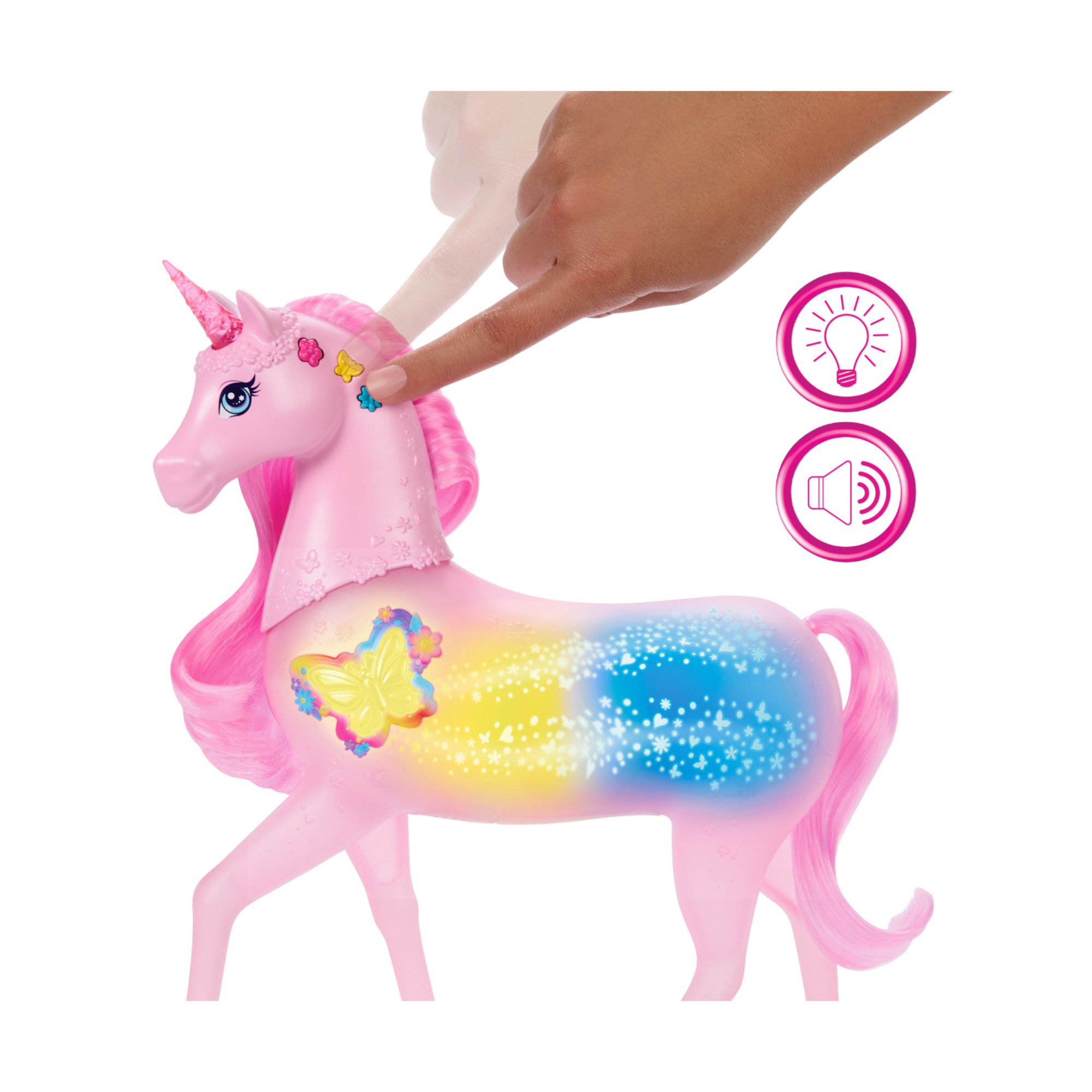 Barbie - unicorno luci brillanti, cavallo con 20 combinazioni interattive di luci, suoni e musica - Barbie