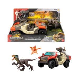 Mattel jurassic world la rinascita - camion lancia e combatti, set con veicolo, personaggio martin krebs e velociraptor - Jurassic World