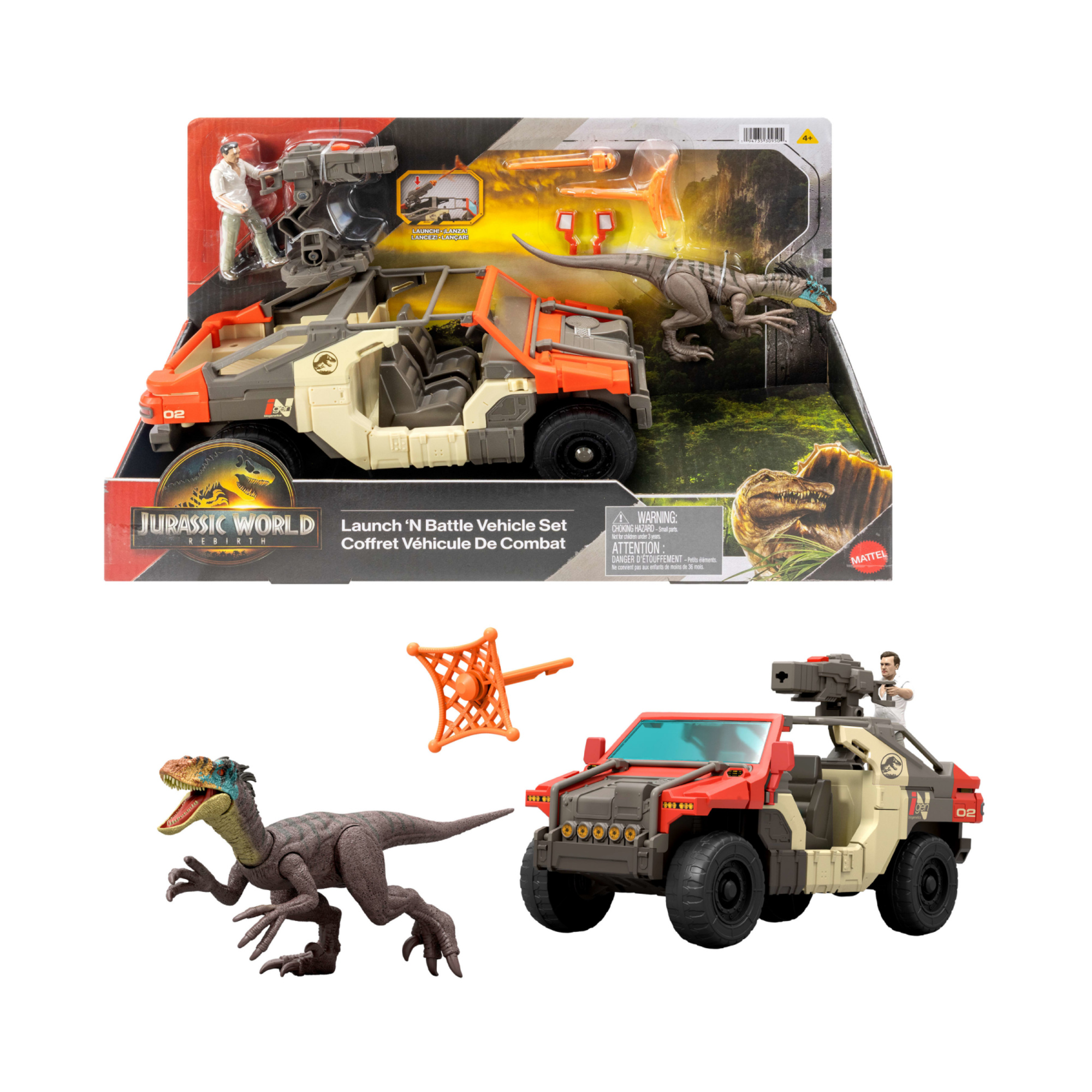 Mattel jurassic world la rinascita - camion lancia e combatti, set con veicolo, personaggio martin krebs e velociraptor - Jurassic World