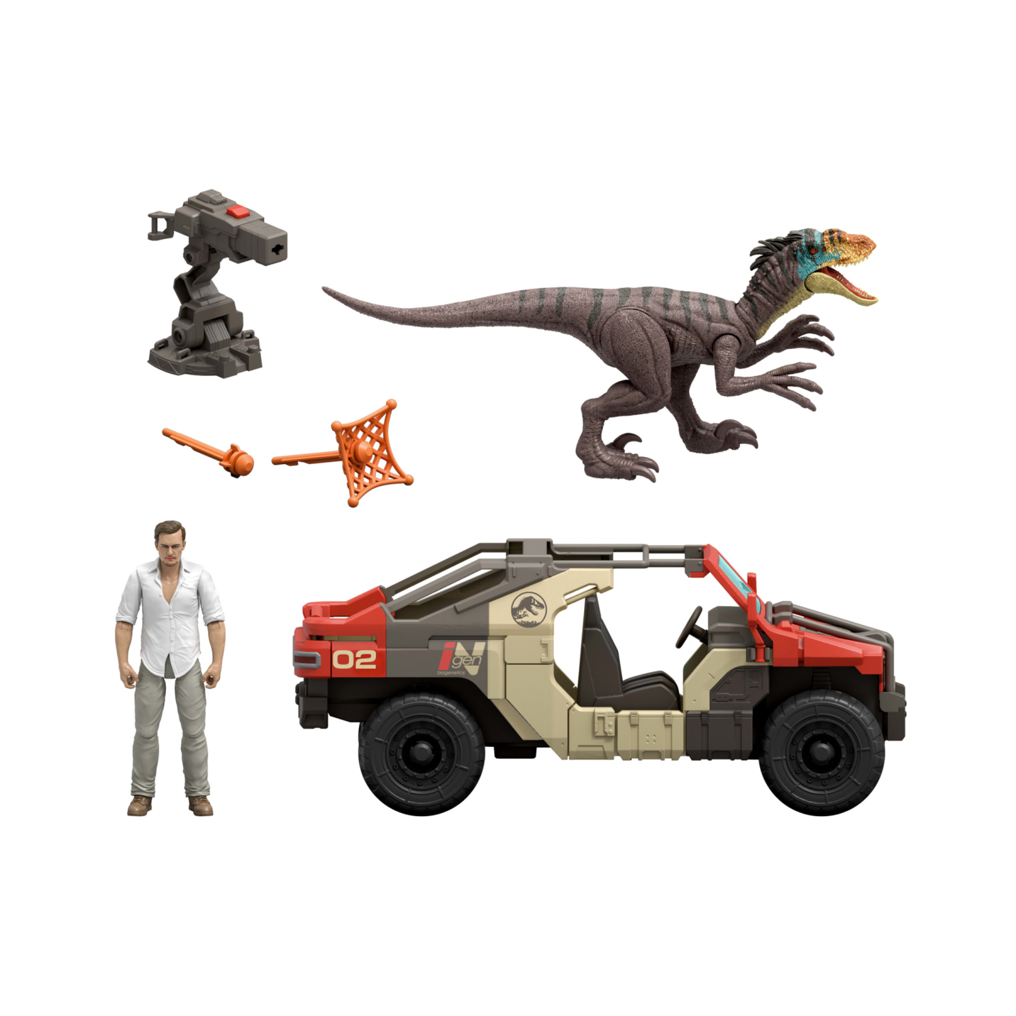 Mattel jurassic world la rinascita - camion lancia e combatti, set con veicolo, personaggio martin krebs e velociraptor - Jurassic World