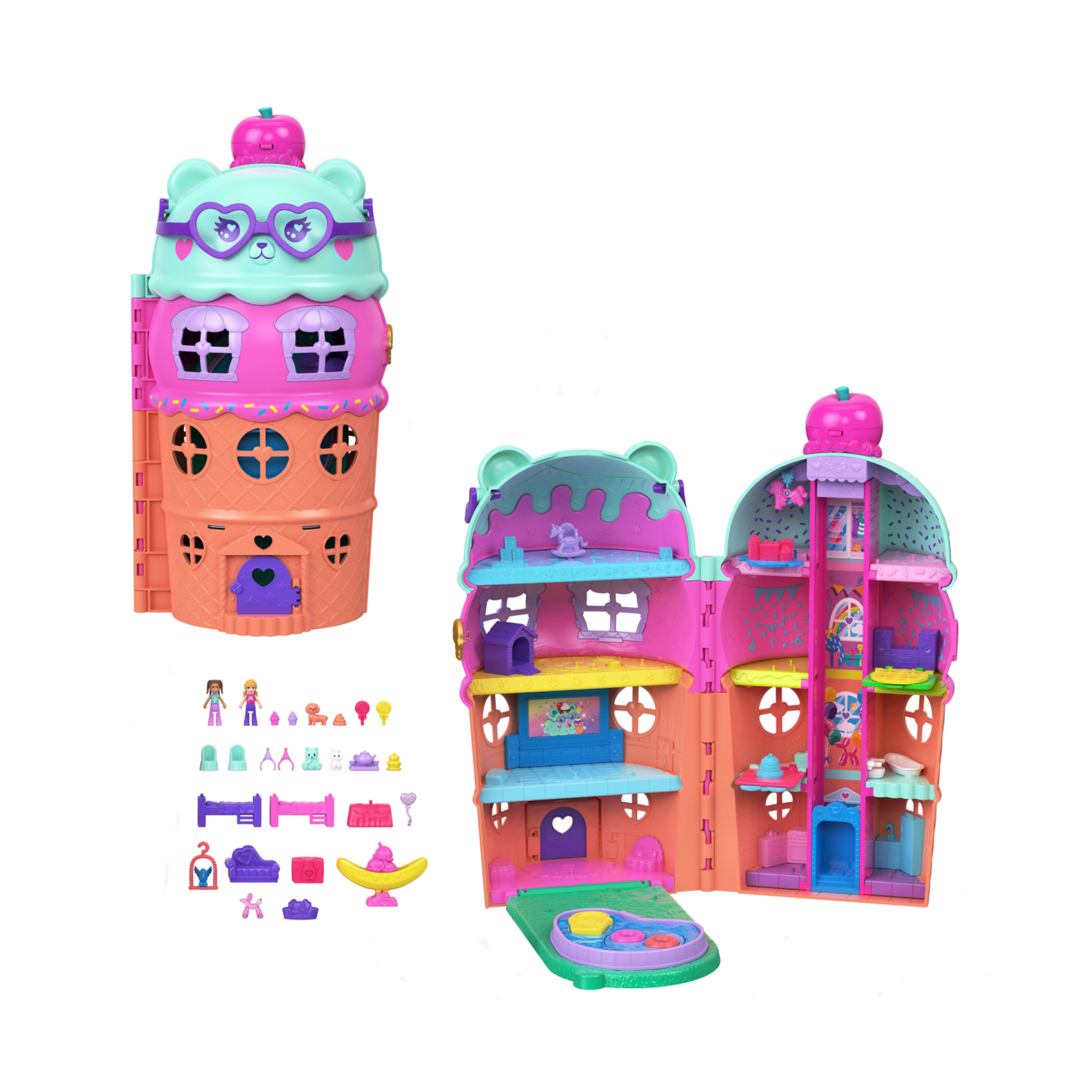 Polly pocket - la casa del gelato, set cono gelato a tema orso con 2 mini bambole, 4 piani e 25 accessori inclusi - Polly Pocket