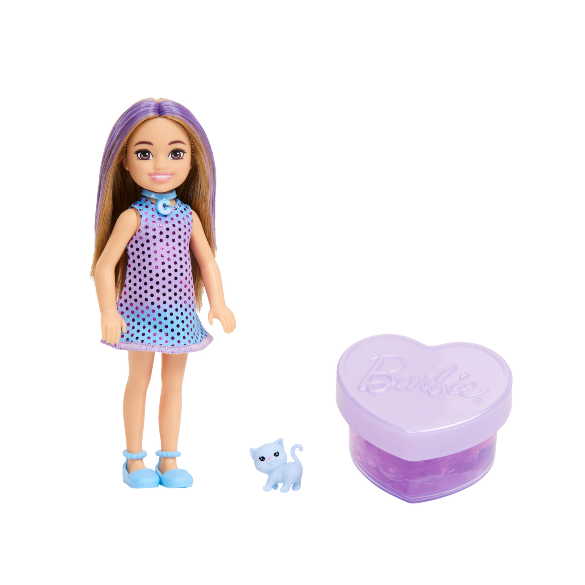 Barbie - chelsea party surprise assortita make-up party, set con bambola e un cucciolo, 6 sorpese con effetto cambia colore - Barbie