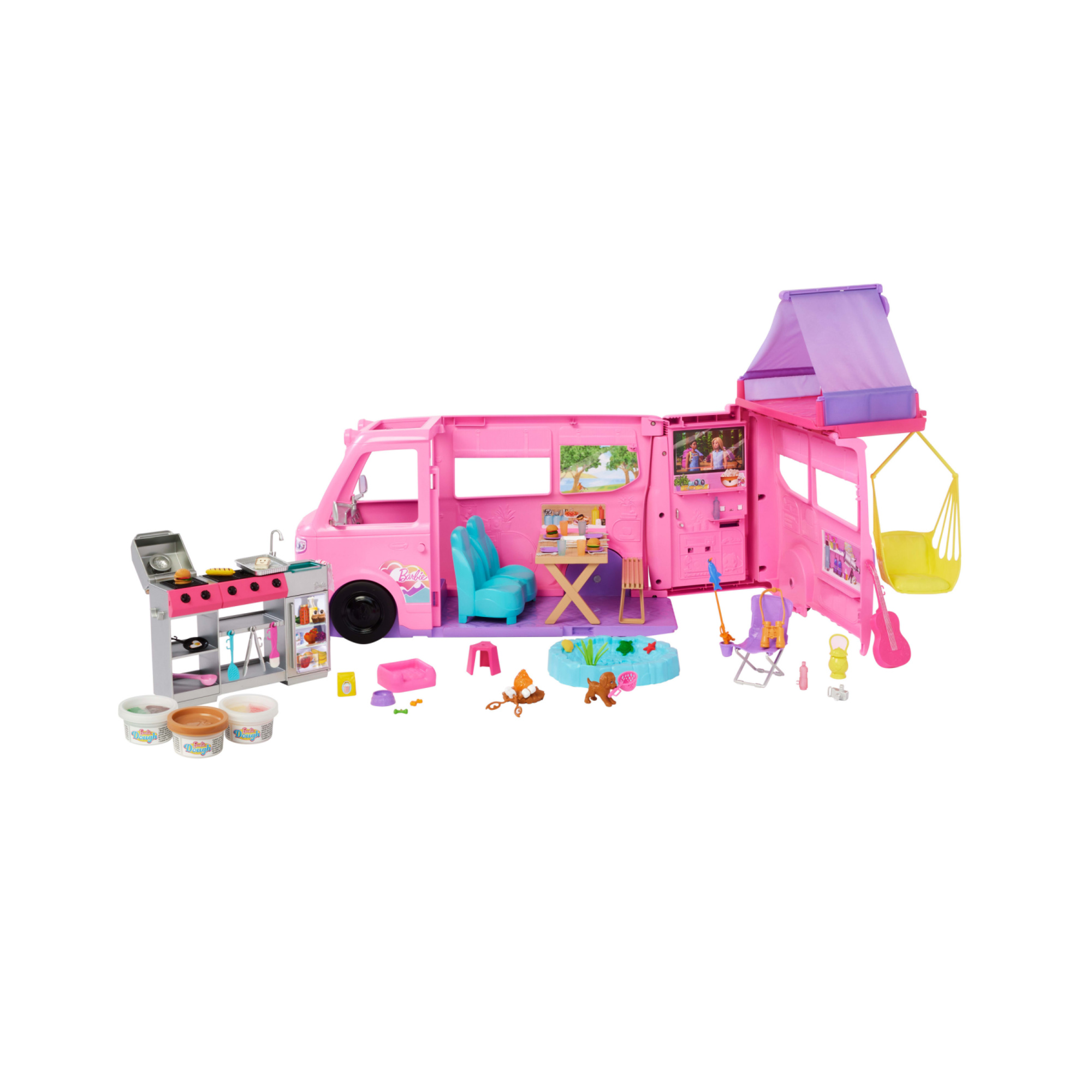 Barbie - camper dei sogni, veicolo con oltre 60 accessori e pasta modellabile, effetto cambia colore, include tenda sul tetto e altalena - Barbie
