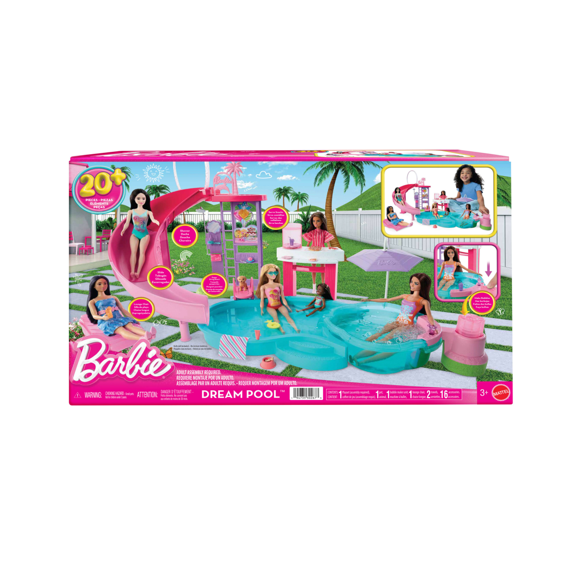 Barbie - piscina dei sogni, set con 6 aree di gioco tra cui scivolo e idromassaggio, cuccioli, galleggianti e 20 accessori - Barbie