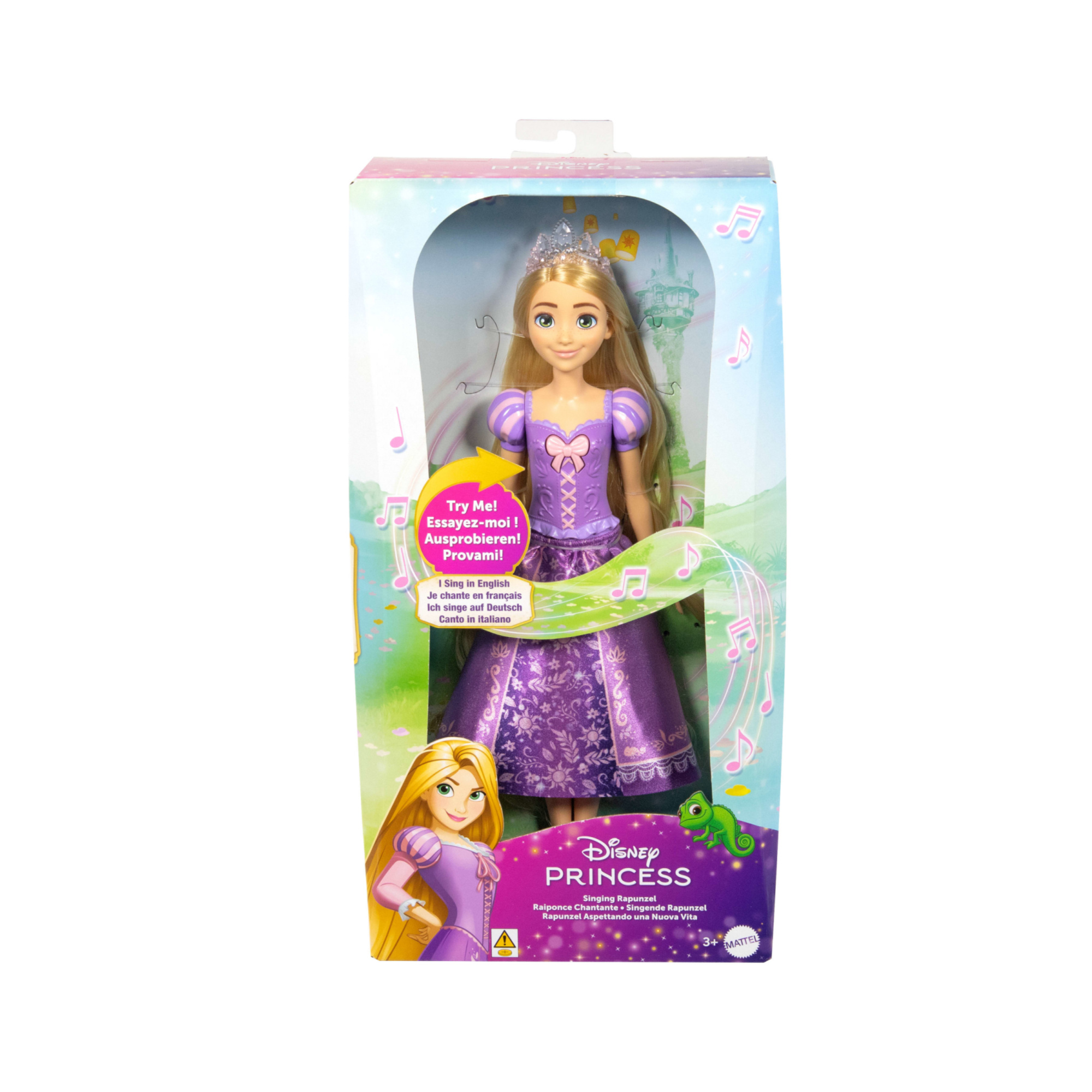 Mattel disney princess - rapunzel cantante, bambola bionda con abito viola che canta la canzone "aspettando una nuova vita" in 4 lingue - Barbie