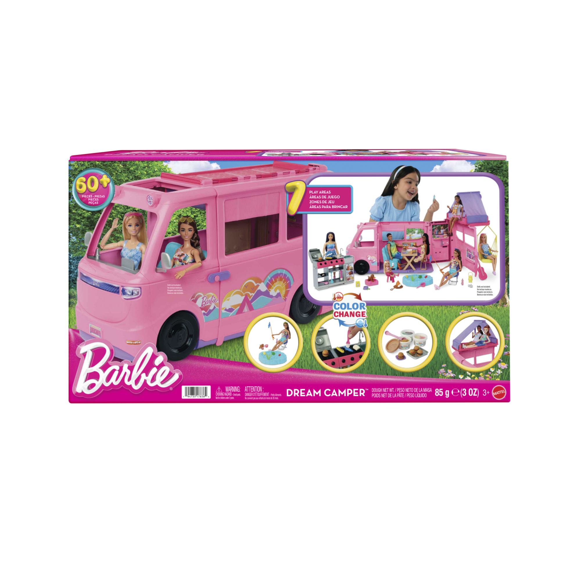 Barbie - camper dei sogni, veicolo con oltre 60 accessori e pasta modellabile, effetto cambia colore, include tenda sul tetto e altalena - Barbie