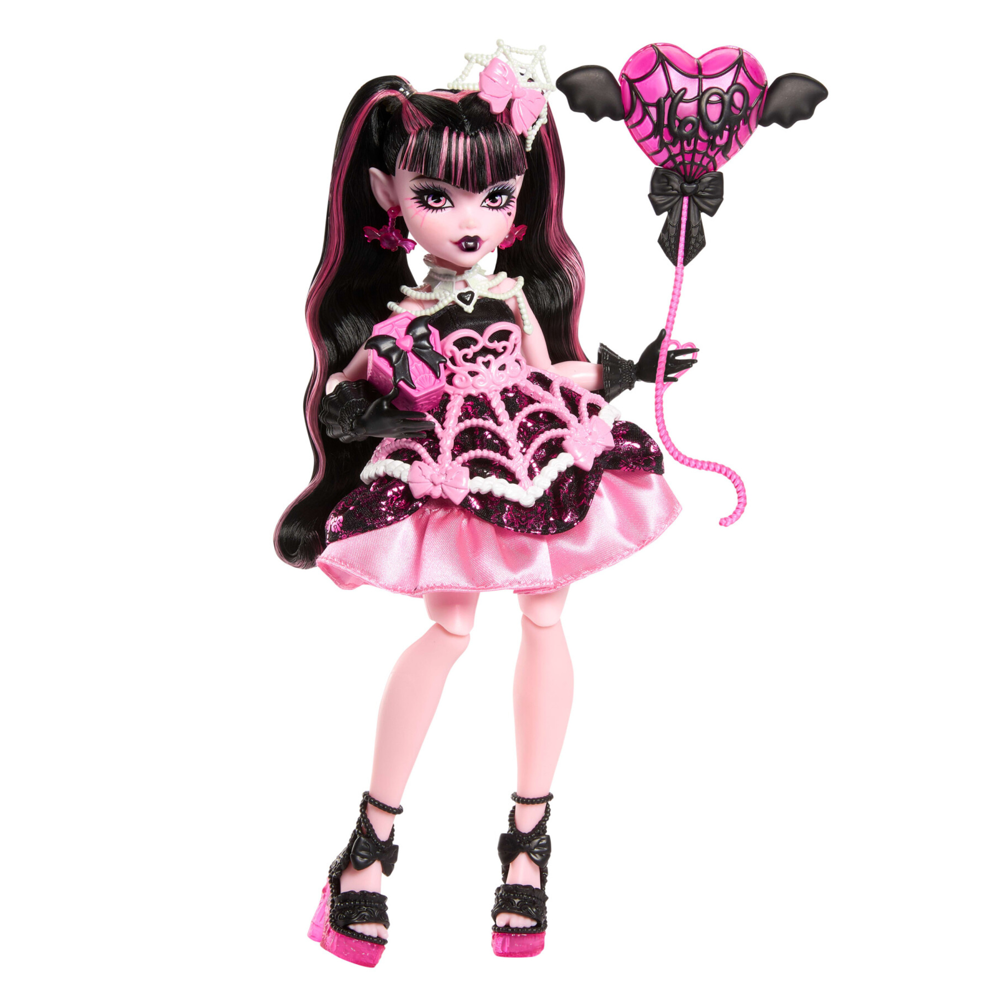 Monster high - draculaura scary sweet birthday, bambola con abito da party rosa e accessori a tema - Monster High
