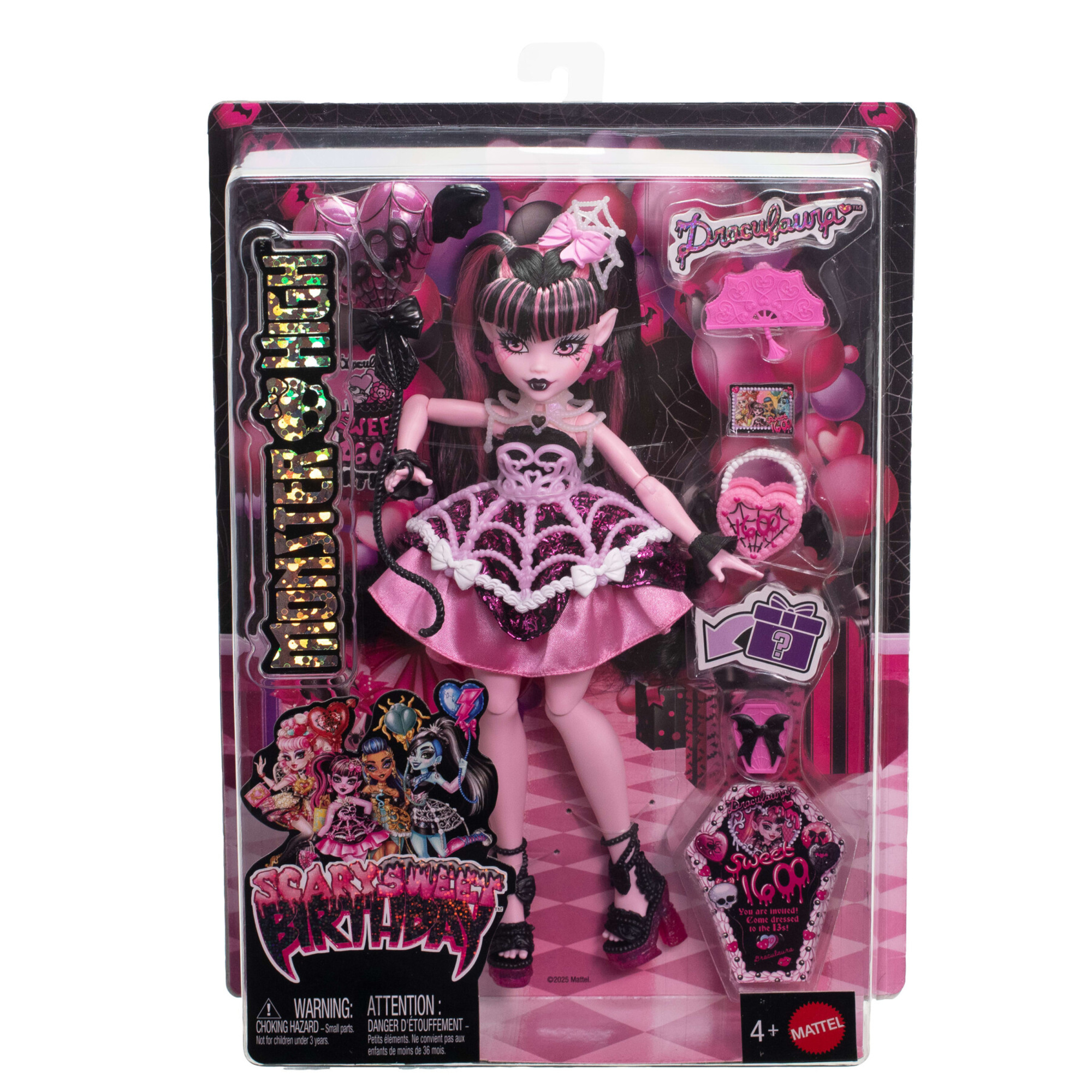 Monster high - draculaura scary sweet birthday, bambola con abito da party rosa e accessori a tema - Monster High