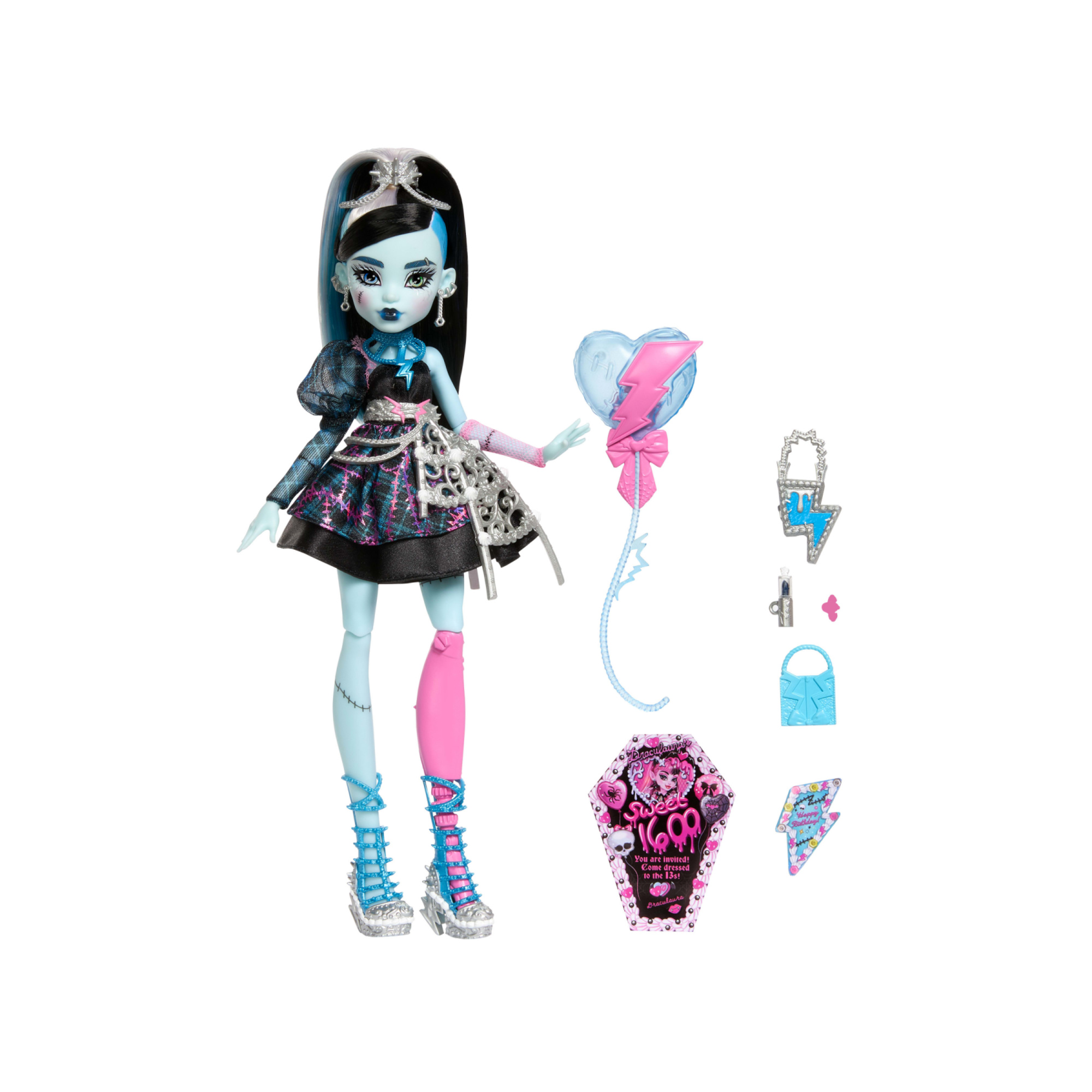 Monster high - frankie stein scary sweet birthday, bambola con abito da party nero e accessori a tema - Monster High