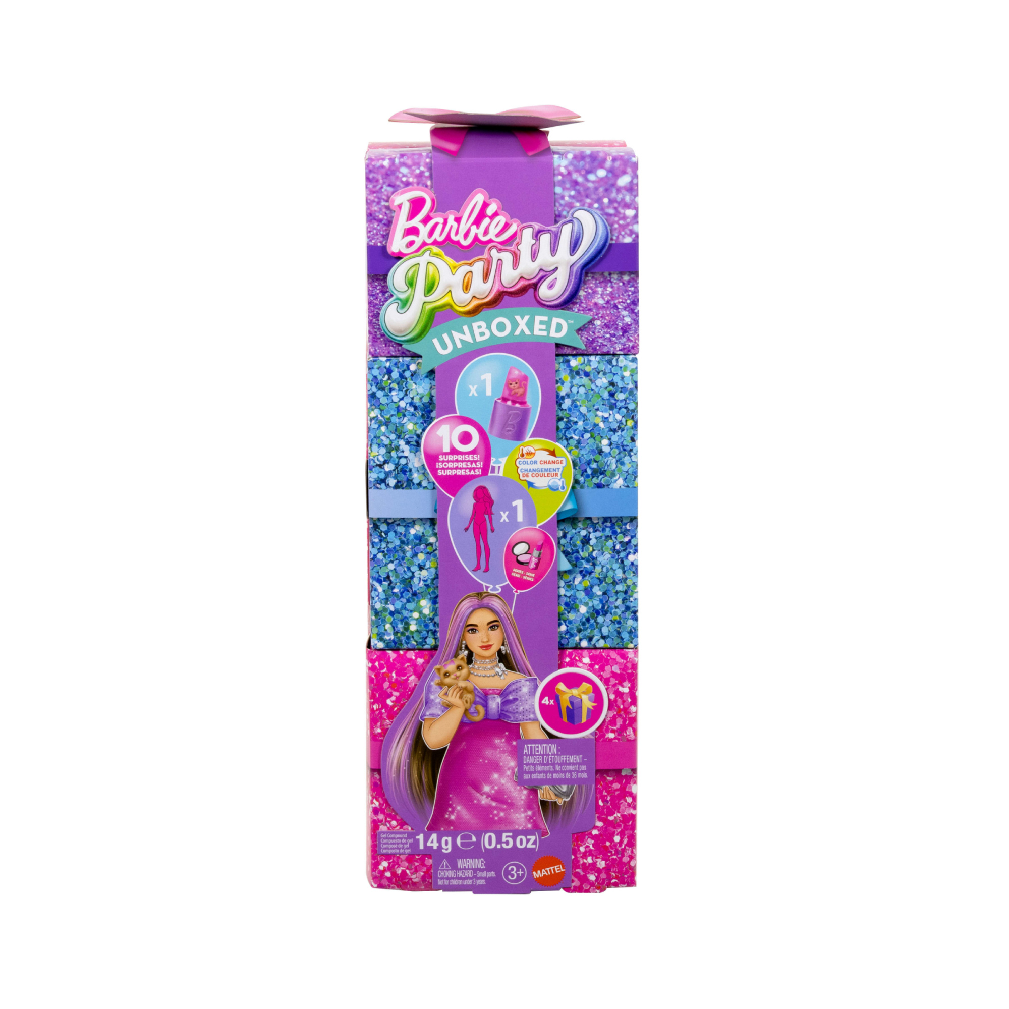 Barbie - party surprise make-up party vestito lilla, bambola con 10 accessori a sorpresa ed effetto cambia colore - Barbie