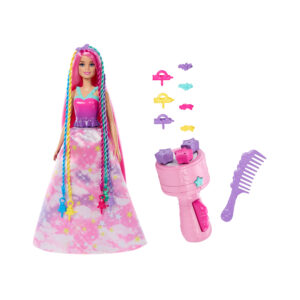 Barbie dreamtopia - chioma da favola, bambola capelli fantasia con treccia e piega, extension arcobaleno e accessori per lo styling - Barbie
