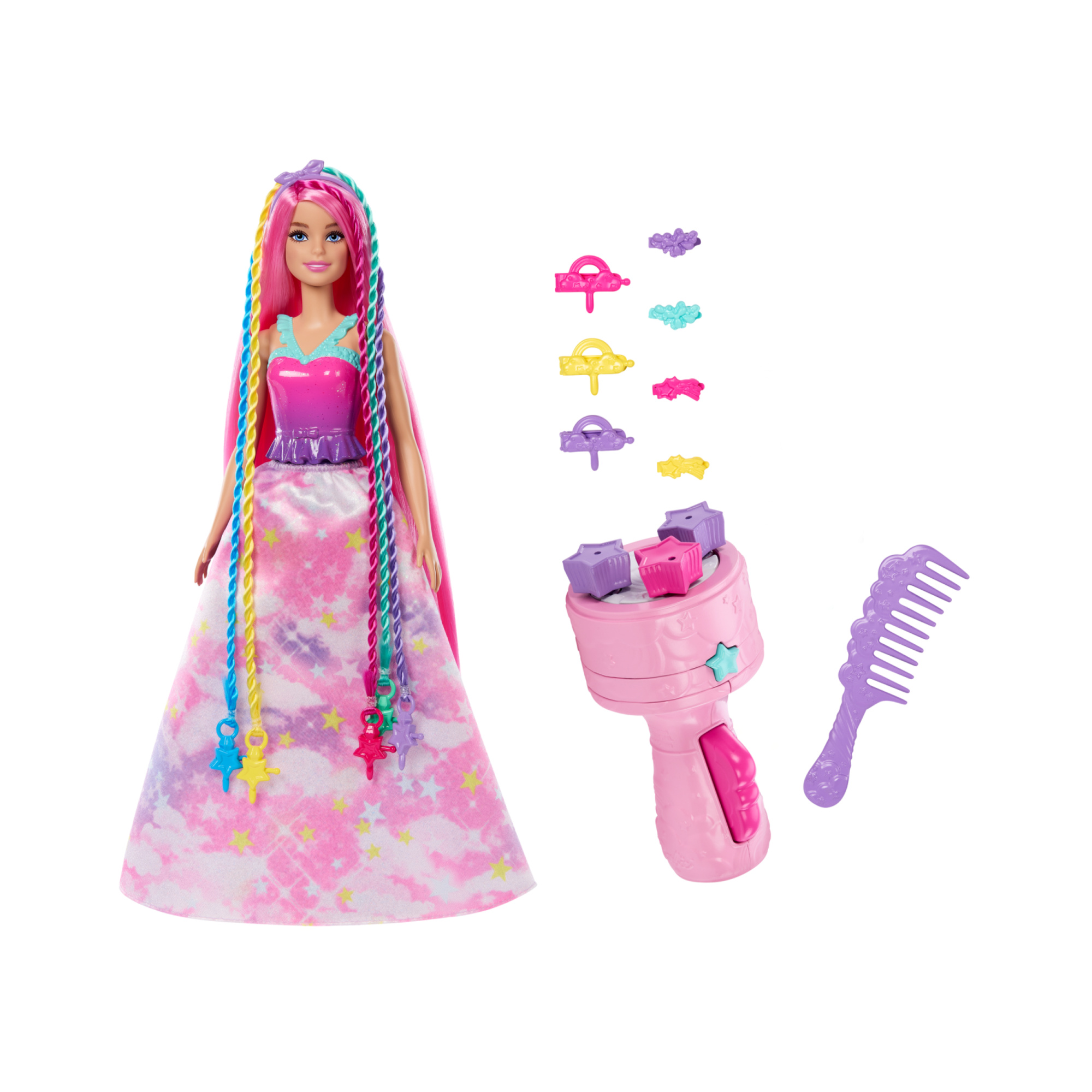 Barbie dreamtopia - chioma da favola, bambola capelli fantasia con treccia e piega, extension arcobaleno e accessori per lo styling - Barbie