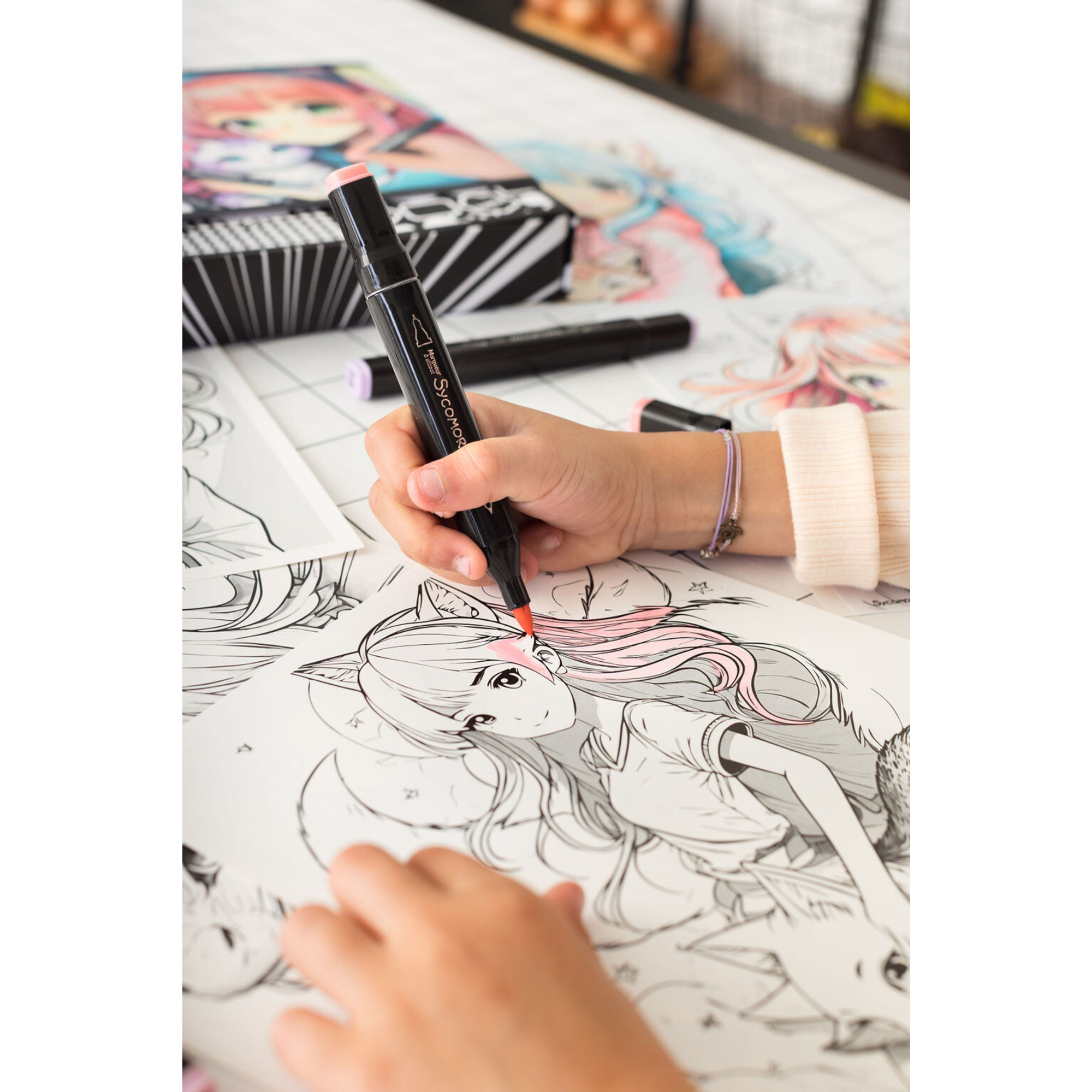 Sycomore - a scuola di manga kemonomimi - pennarelli e fogli con griglia - 