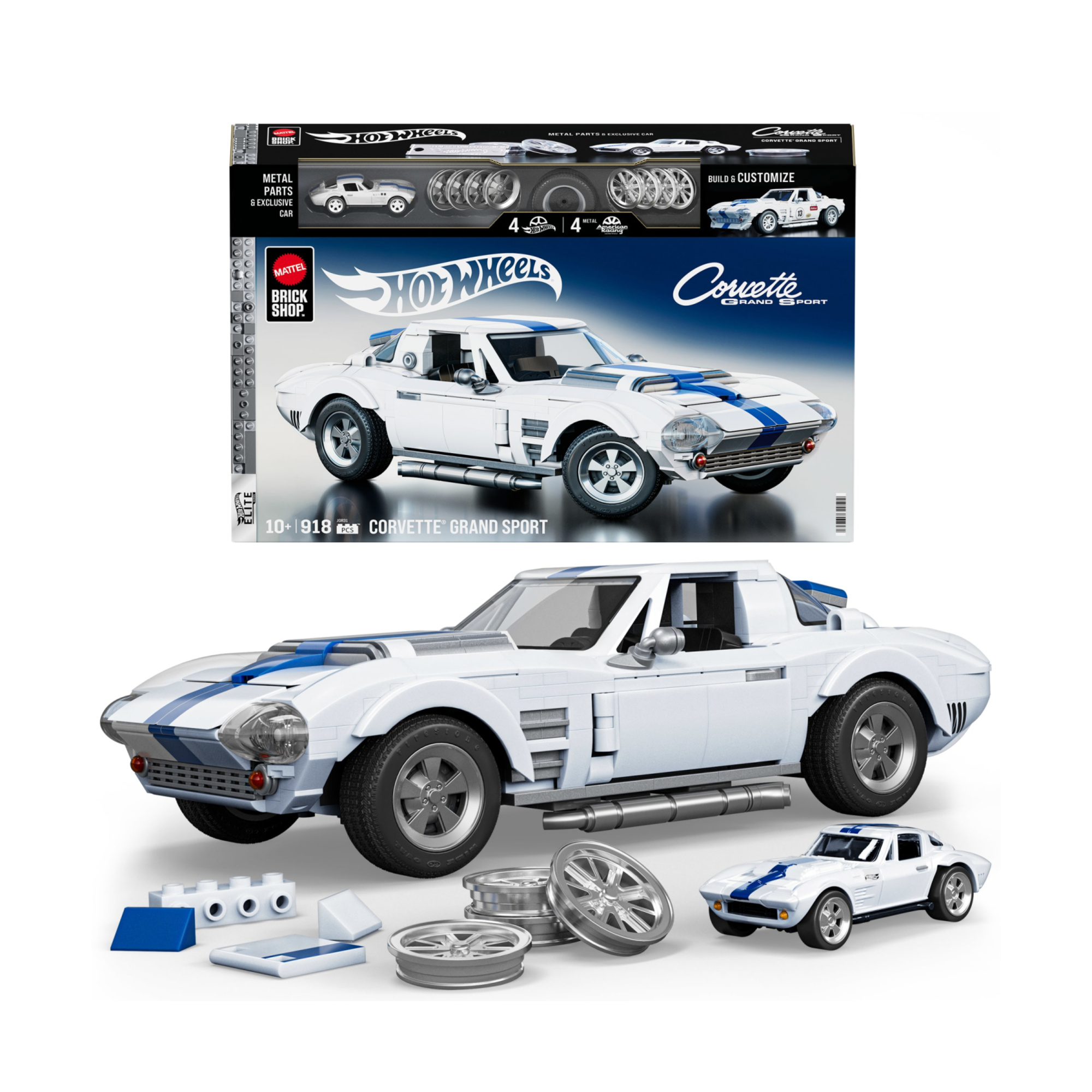 ​​mattel brick shop hot wheels - corvette grand sport serie elite, set da costruire con 918 pezzi, dettagli realistici e adesivi - BRICK SHOP, Hot Wheels